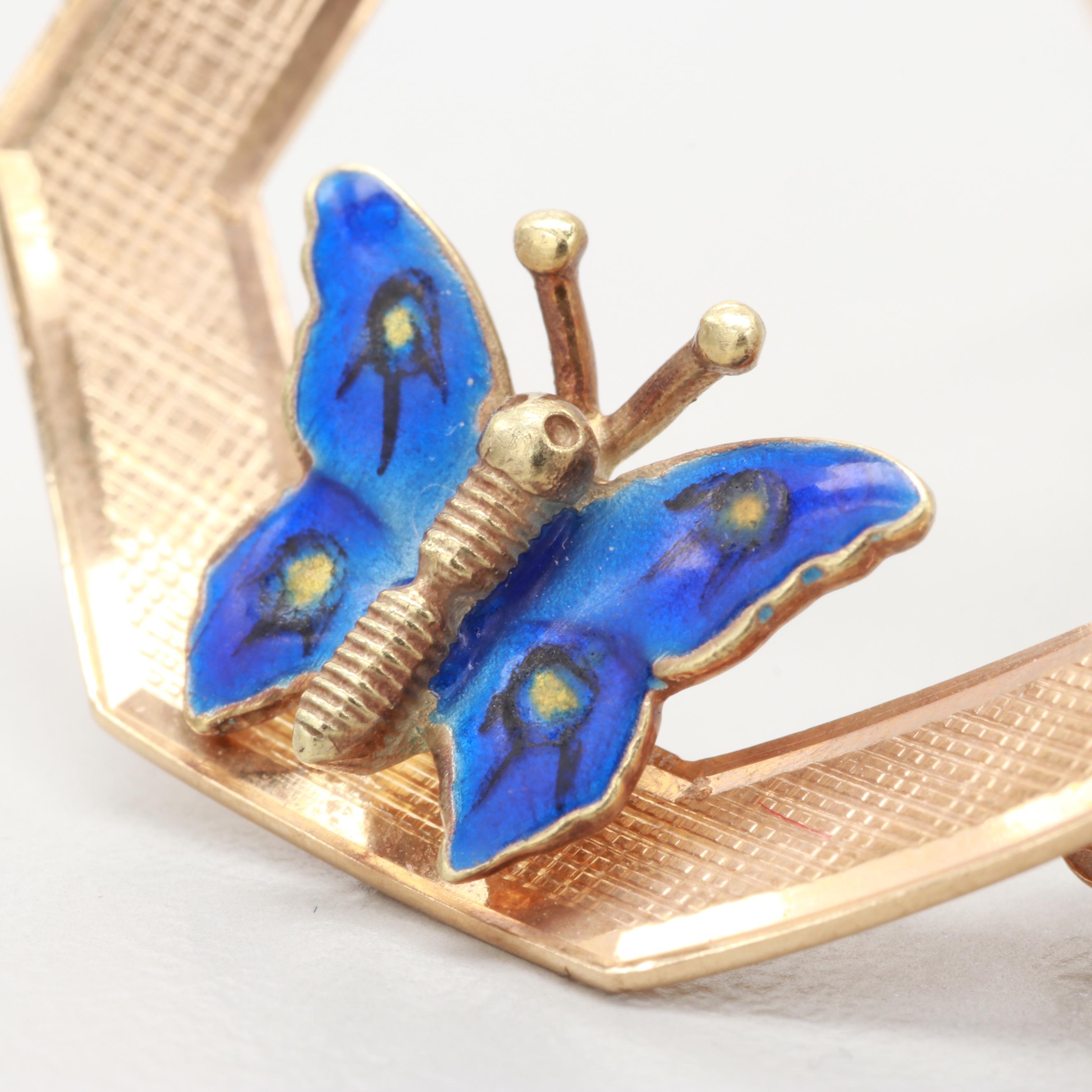 14K Yellow Gold Blue Enamel Butterfly Brooch