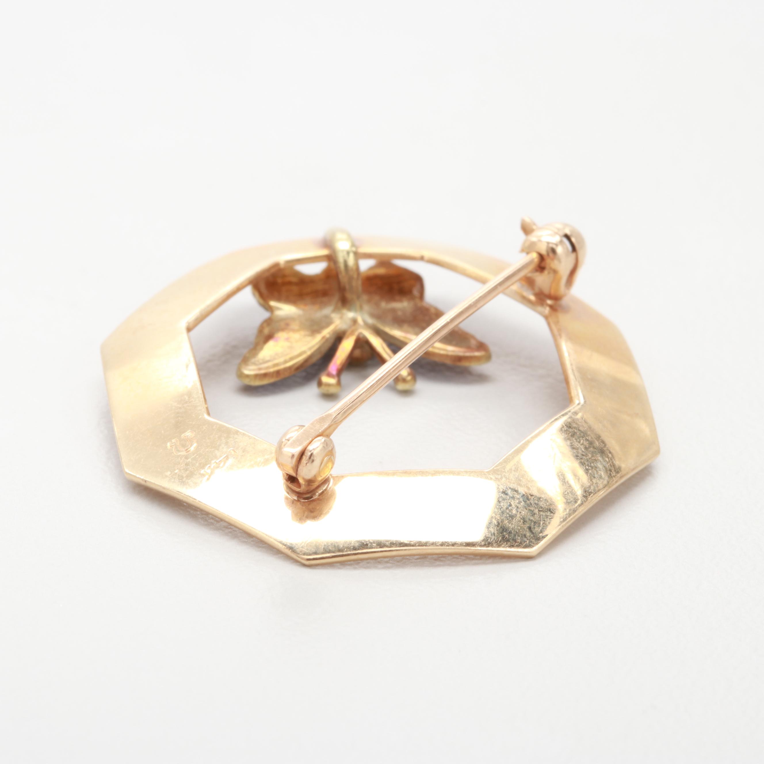 14K Yellow Gold Blue Enamel Butterfly Brooch