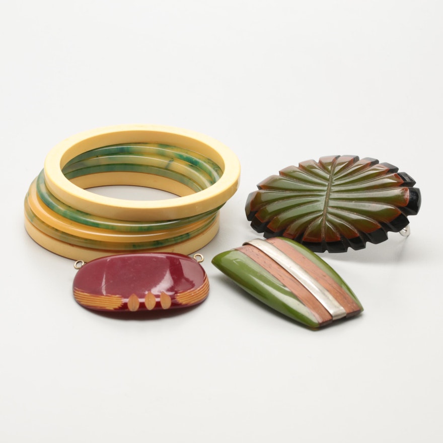 1940s Bakelite Collection Including Bracelets, Pendant and Clips