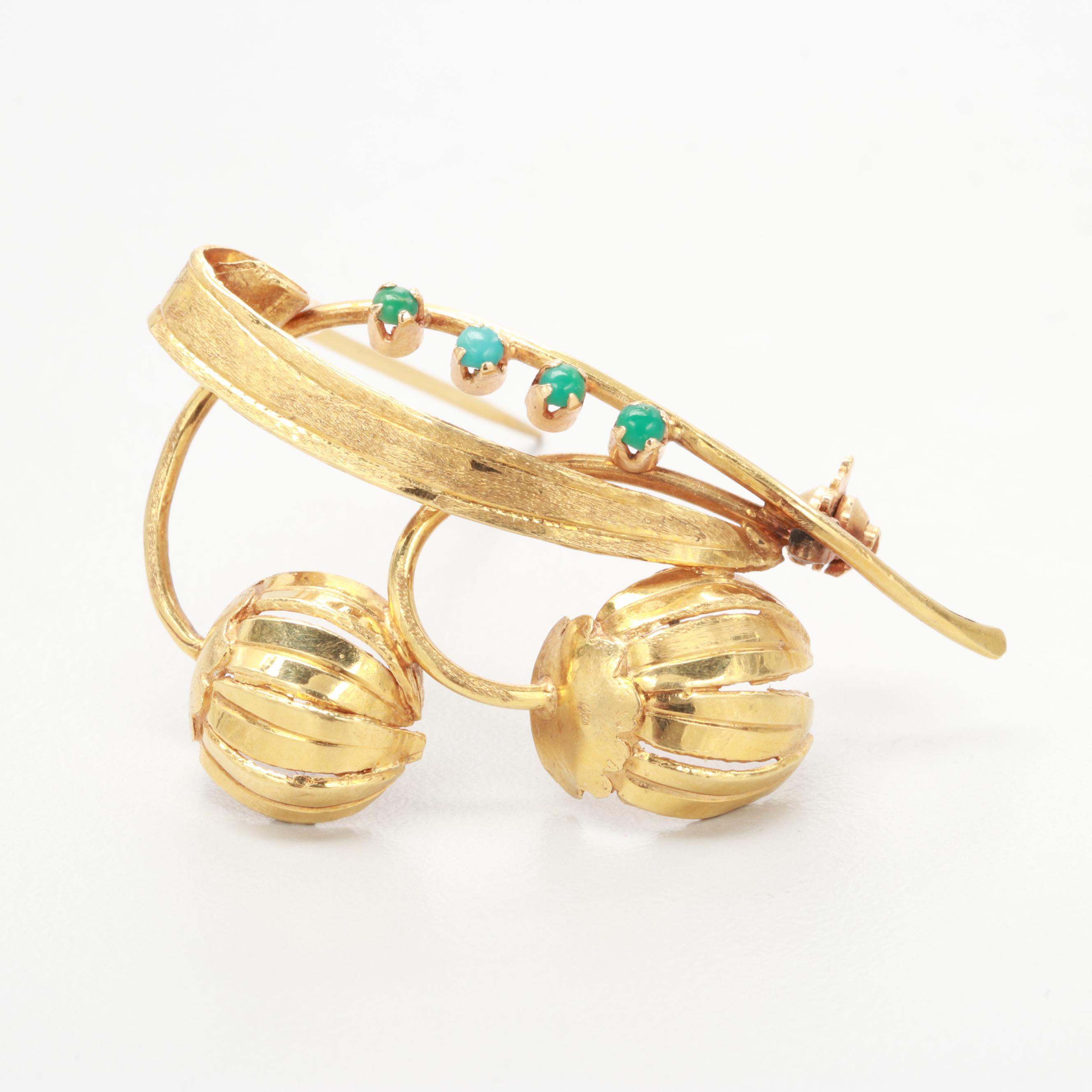 18K Yellow Gold Mid Century Snowbell Brooch with Turquoise Detail