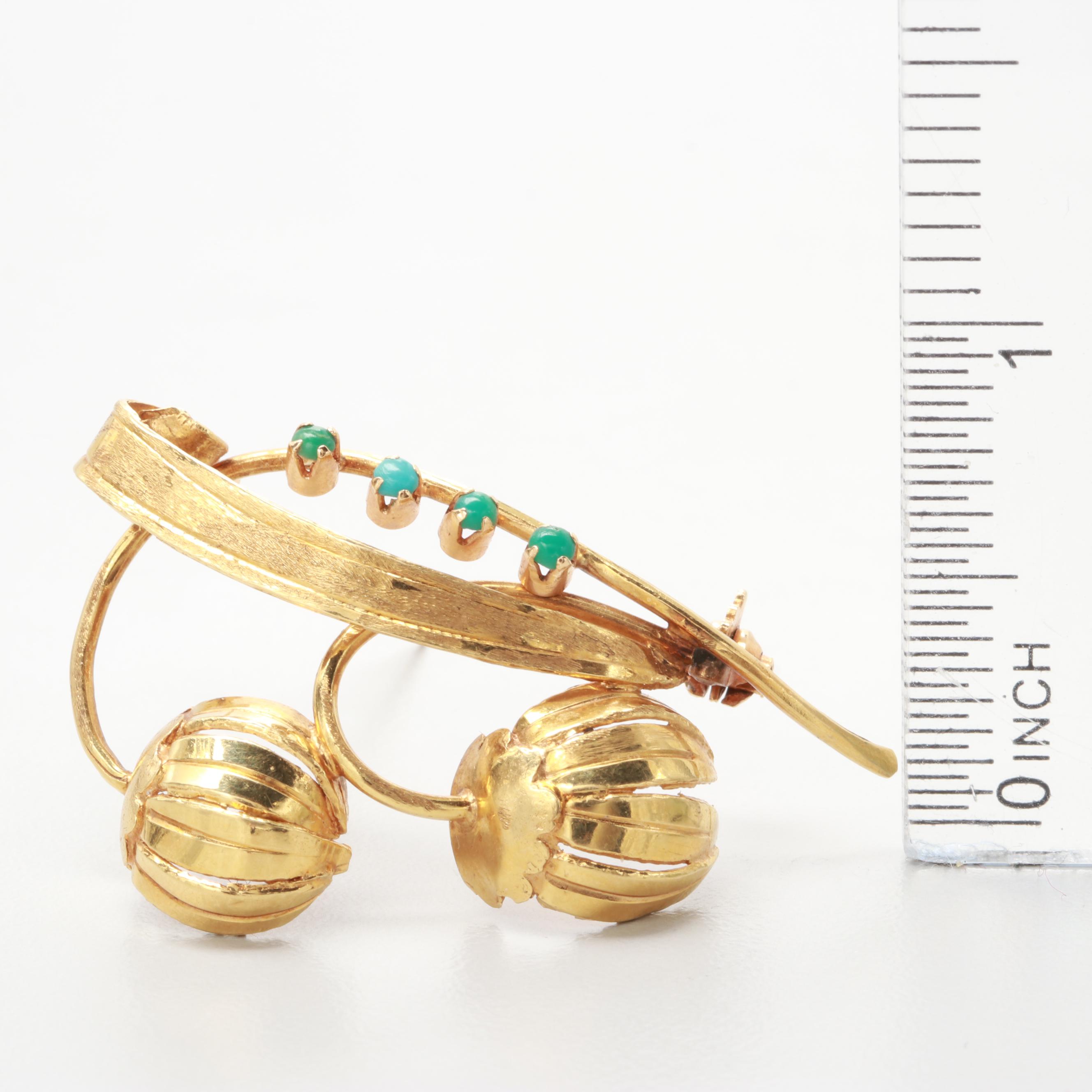 18K Yellow Gold Mid Century Snowbell Brooch with Turquoise Detail