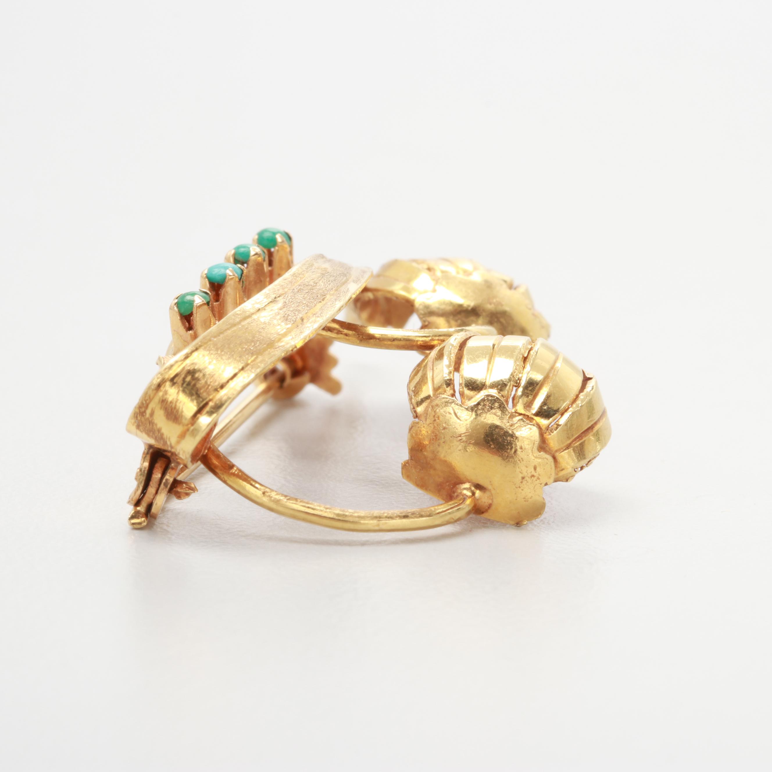 18K Yellow Gold Mid Century Snowbell Brooch with Turquoise Detail