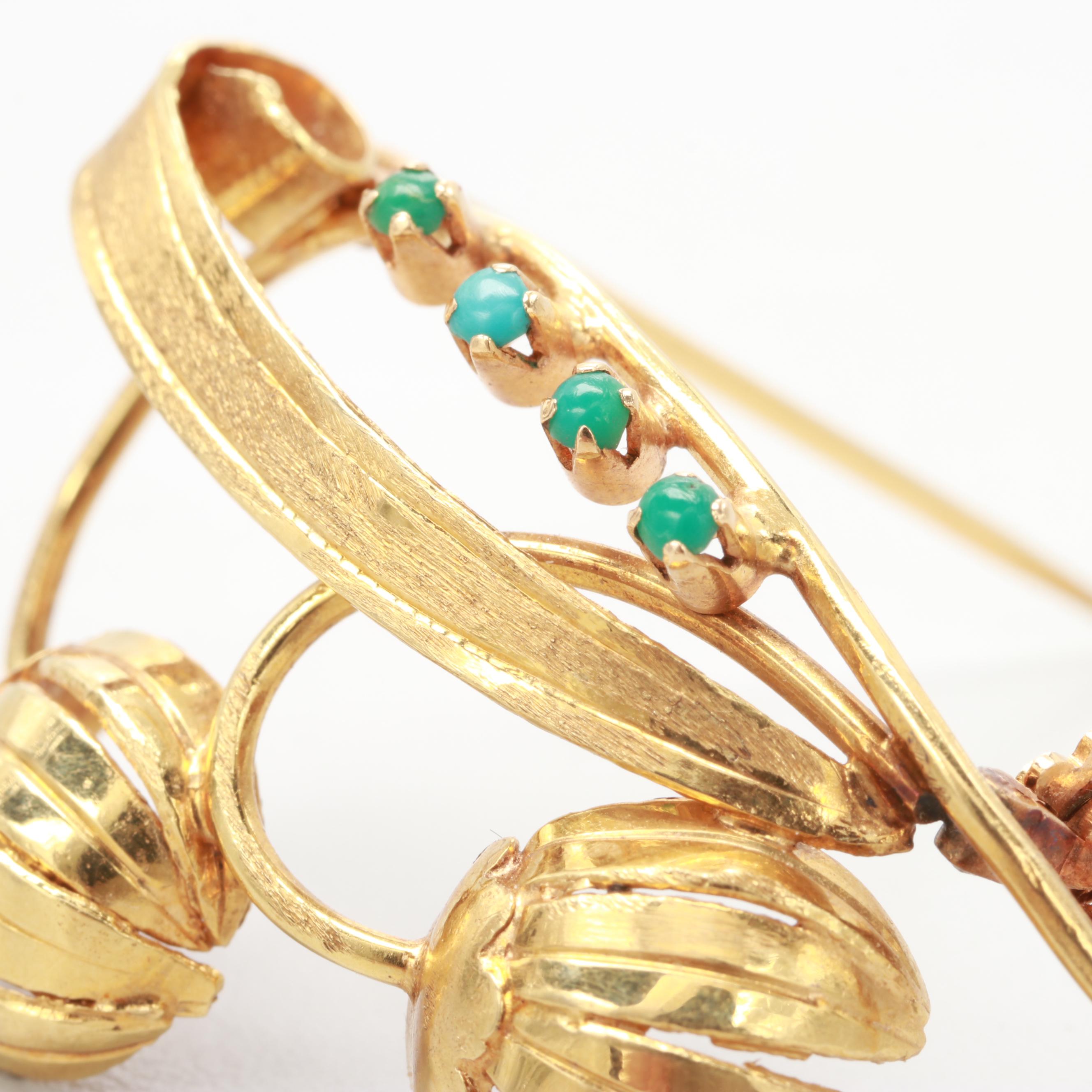 18K Yellow Gold Mid Century Snowbell Brooch with Turquoise Detail
