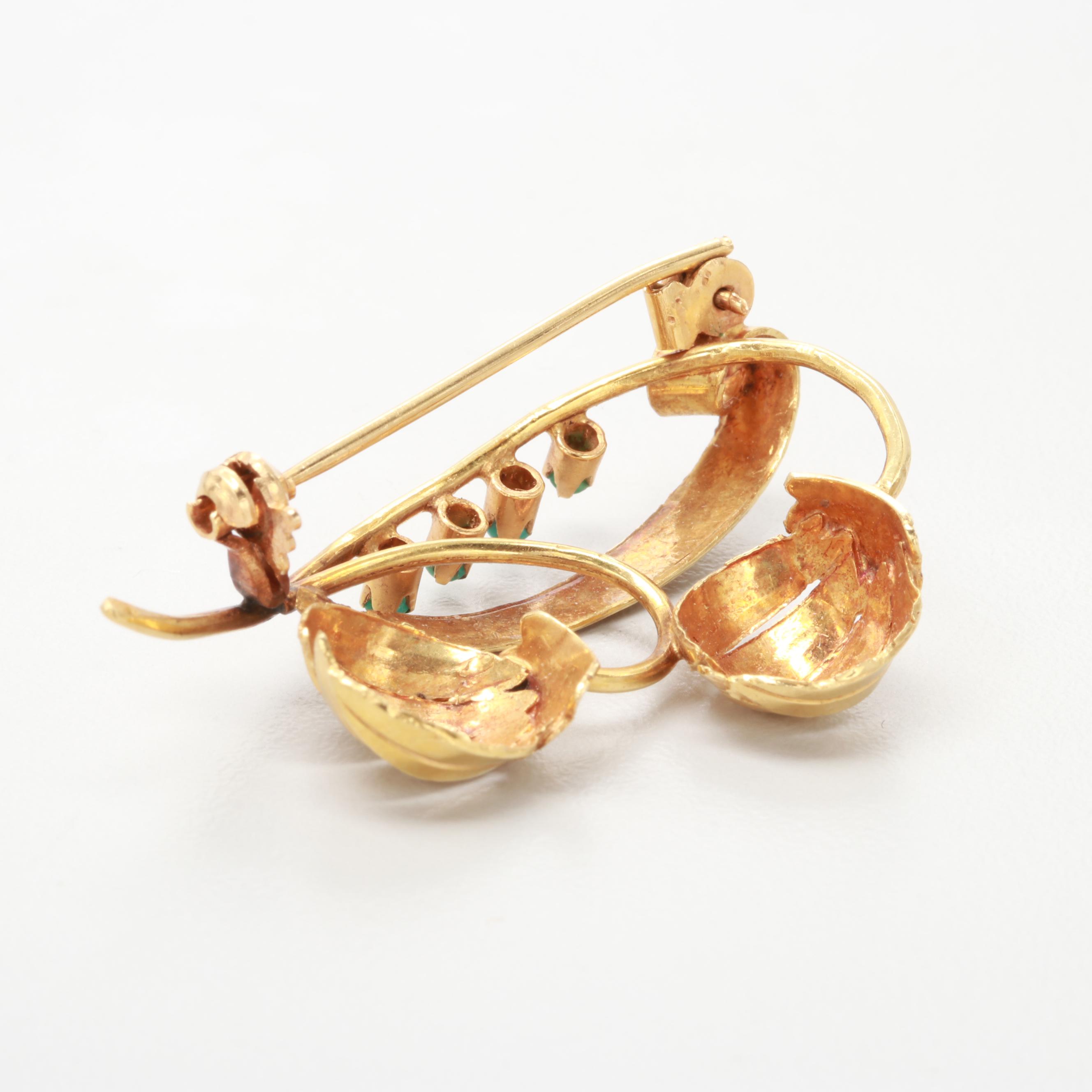 18K Yellow Gold Mid Century Snowbell Brooch with Turquoise Detail