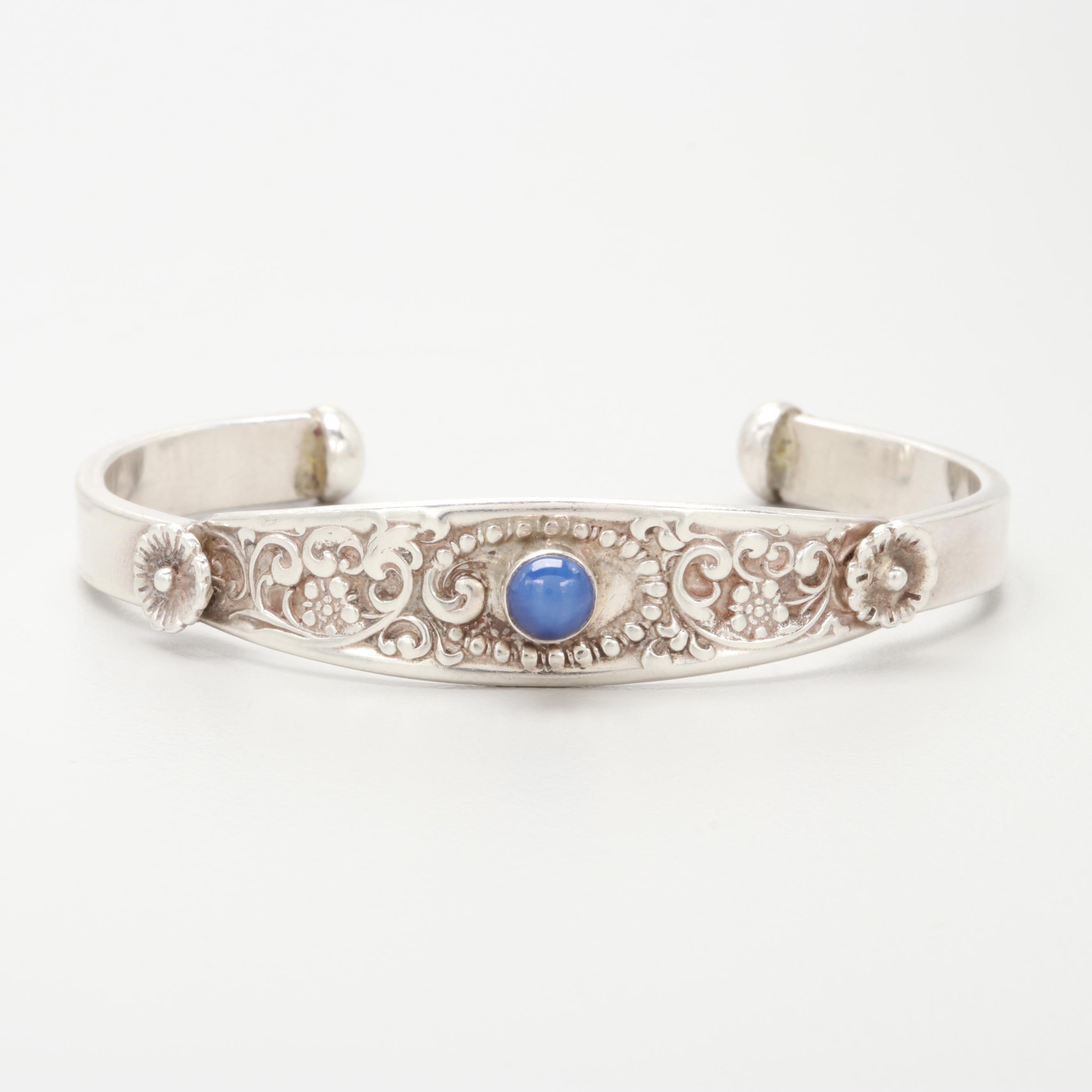 Sterling Silver Southwestern Synthetic Star Sapphire Floral Bracelet