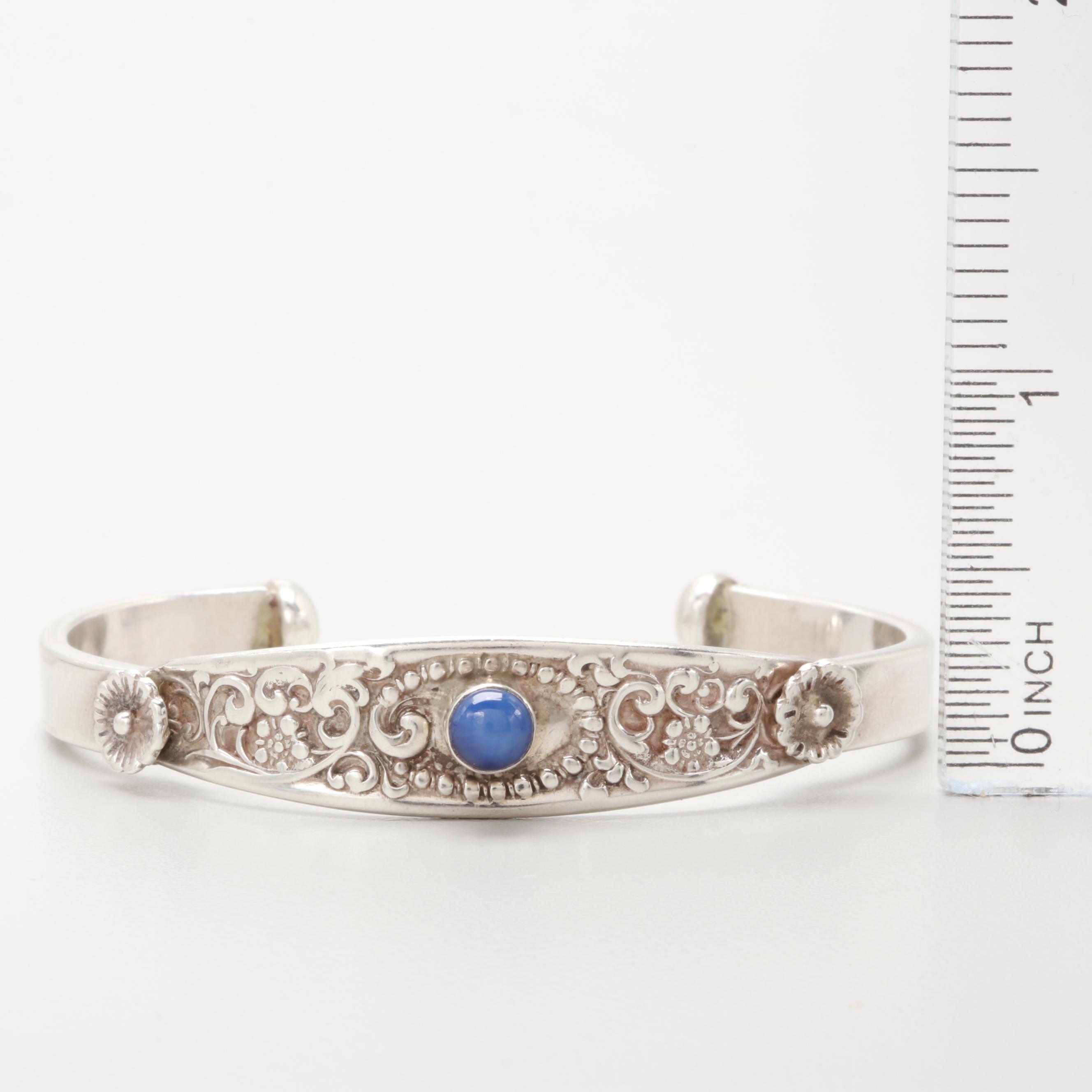 Sterling Silver Southwestern Synthetic Star Sapphire Floral Bracelet