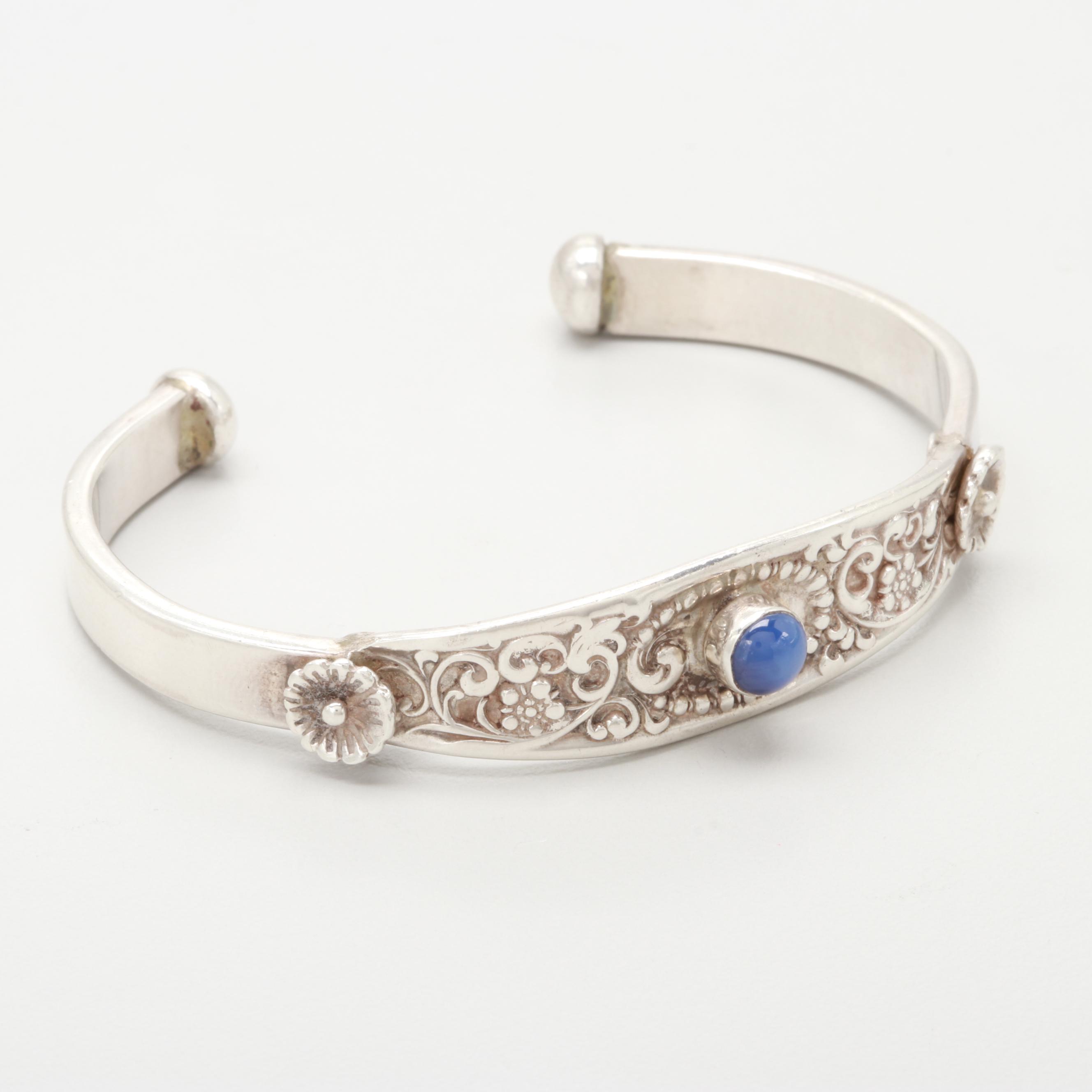 Sterling Silver Southwestern Synthetic Star Sapphire Floral Bracelet