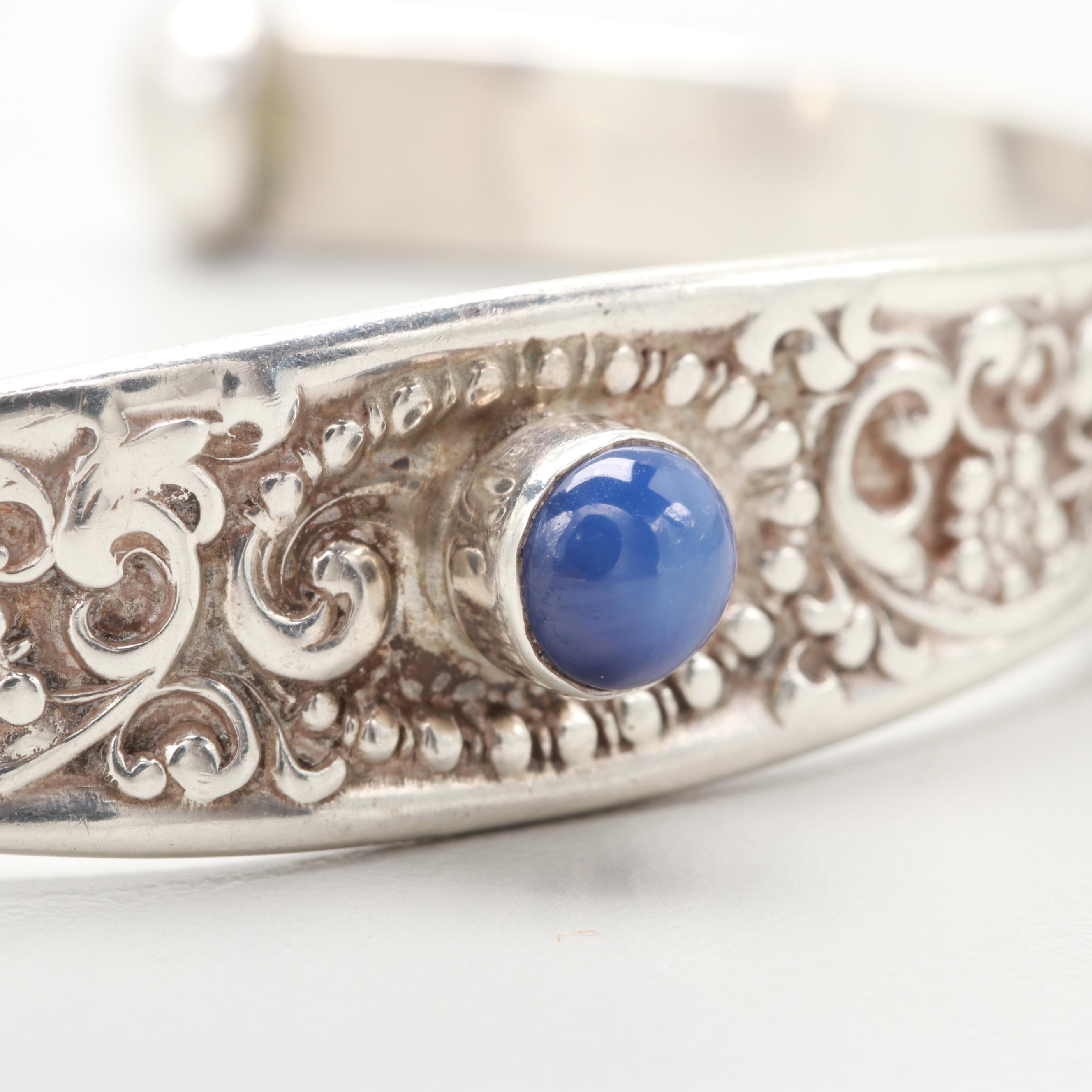 Sterling Silver Southwestern Synthetic Star Sapphire Floral Bracelet