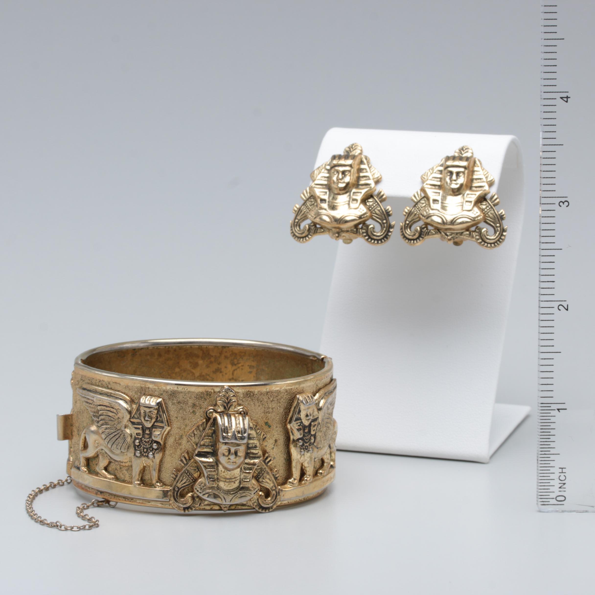 1970s Whiting and Davis Egyptian Revival King Tut and Sphinx Jewelry Set
