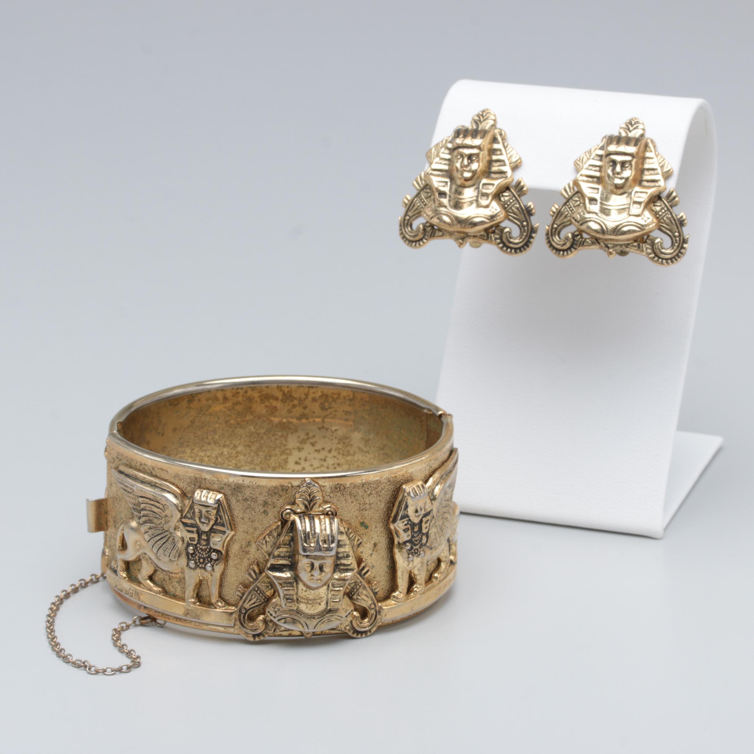 1970s Whiting and Davis Egyptian Revival King Tut and Sphinx Jewelry Set