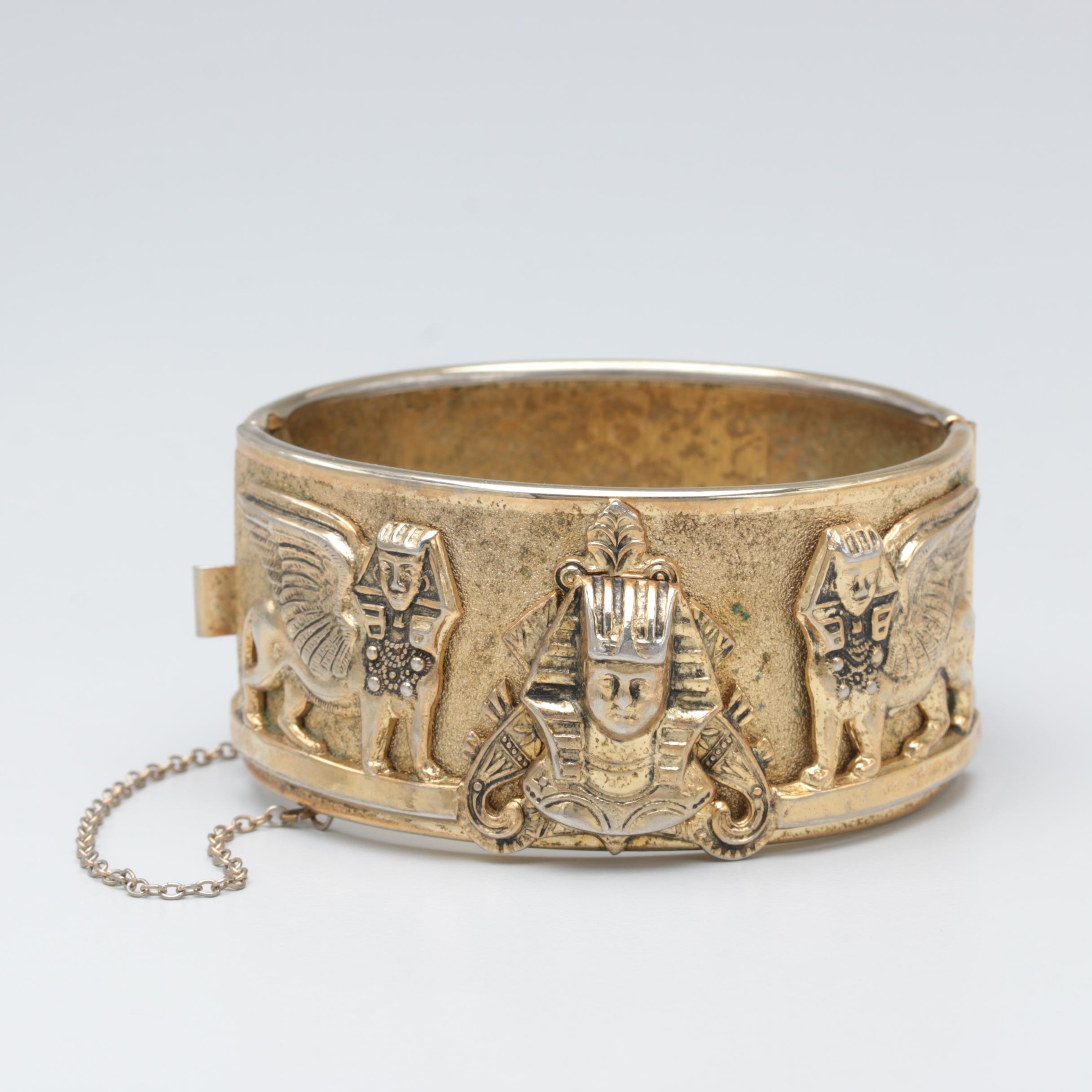 1970s Whiting and Davis Egyptian Revival King Tut and Sphinx Jewelry Set