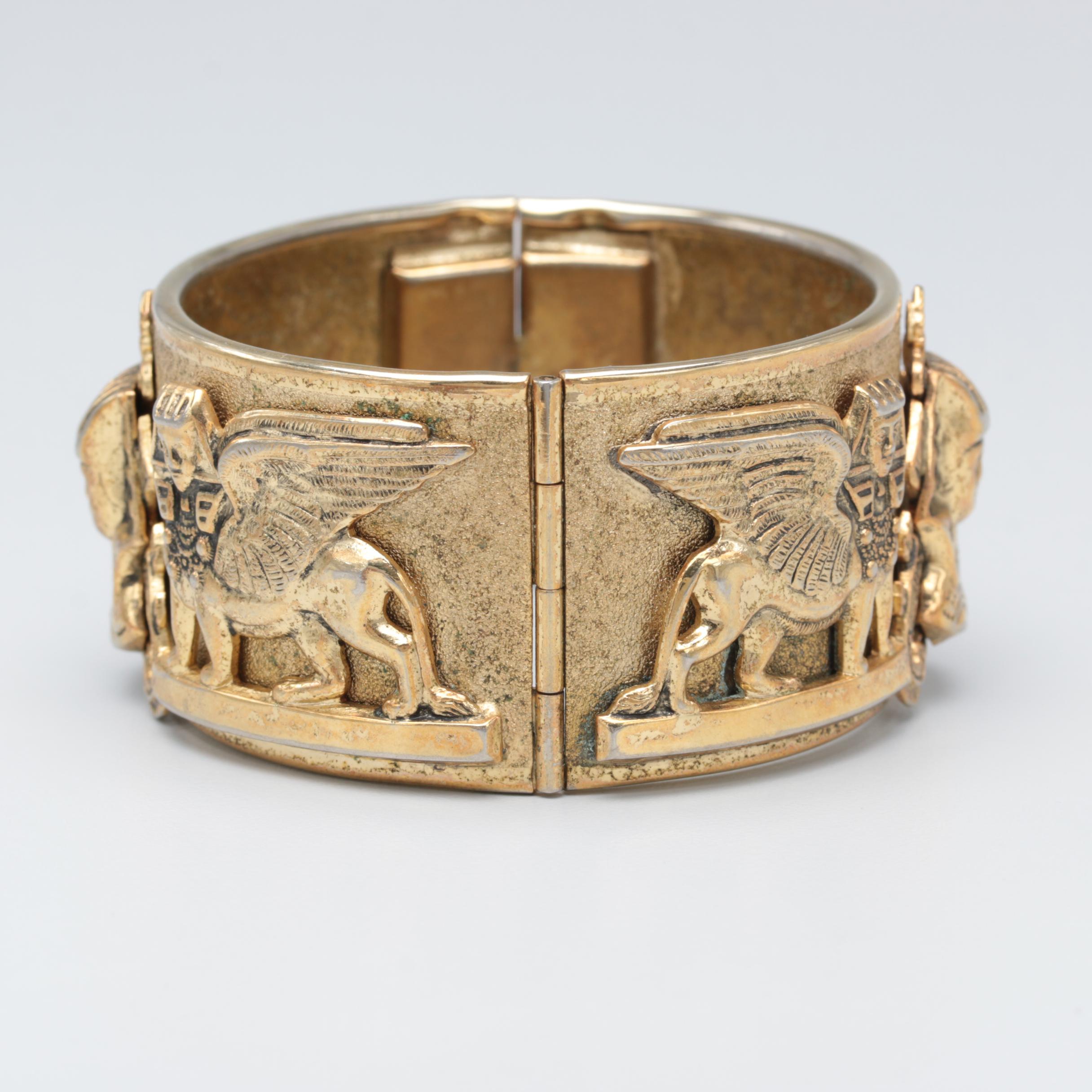 1970s Whiting and Davis Egyptian Revival King Tut and Sphinx Jewelry Set