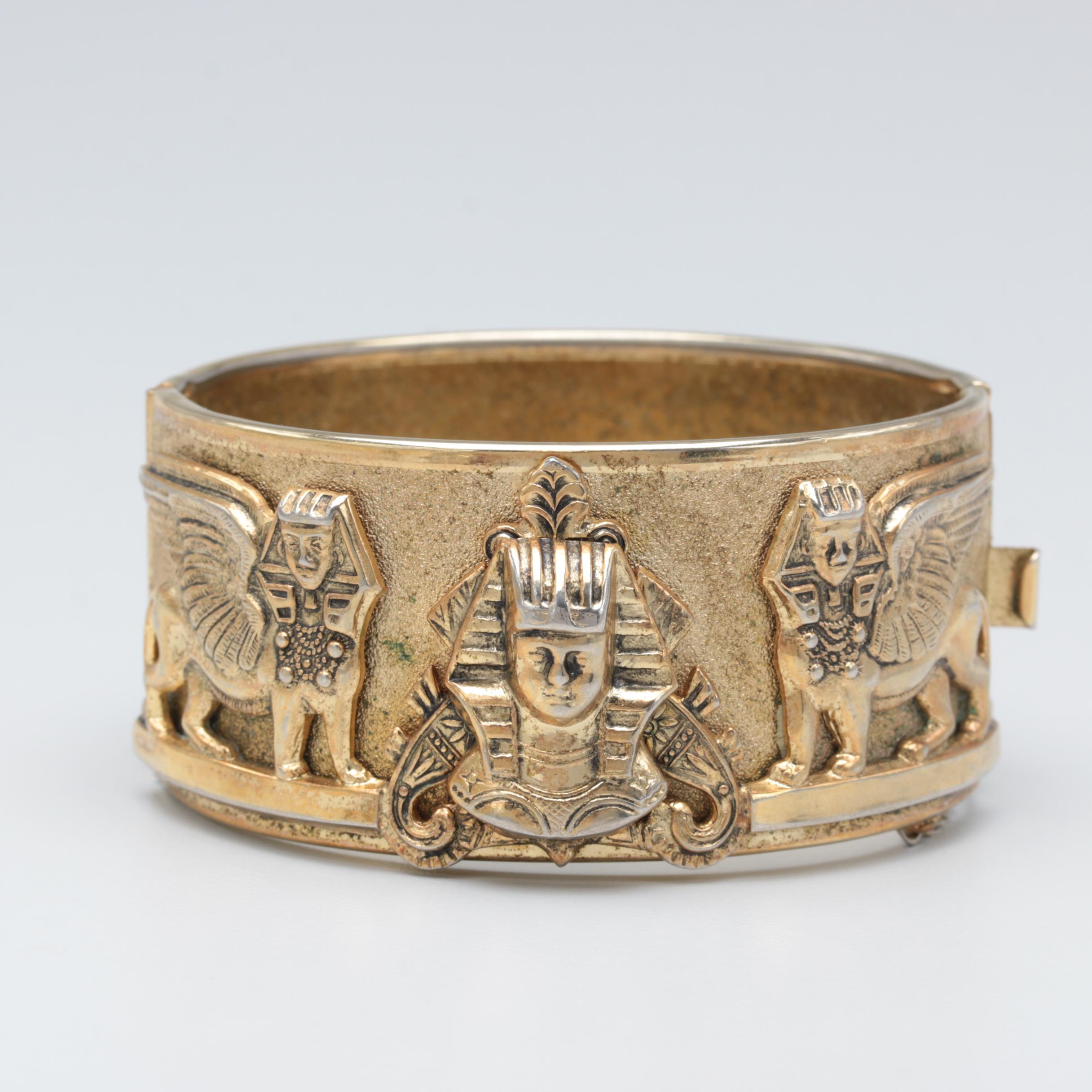 1970s Whiting and Davis Egyptian Revival King Tut and Sphinx Jewelry Set