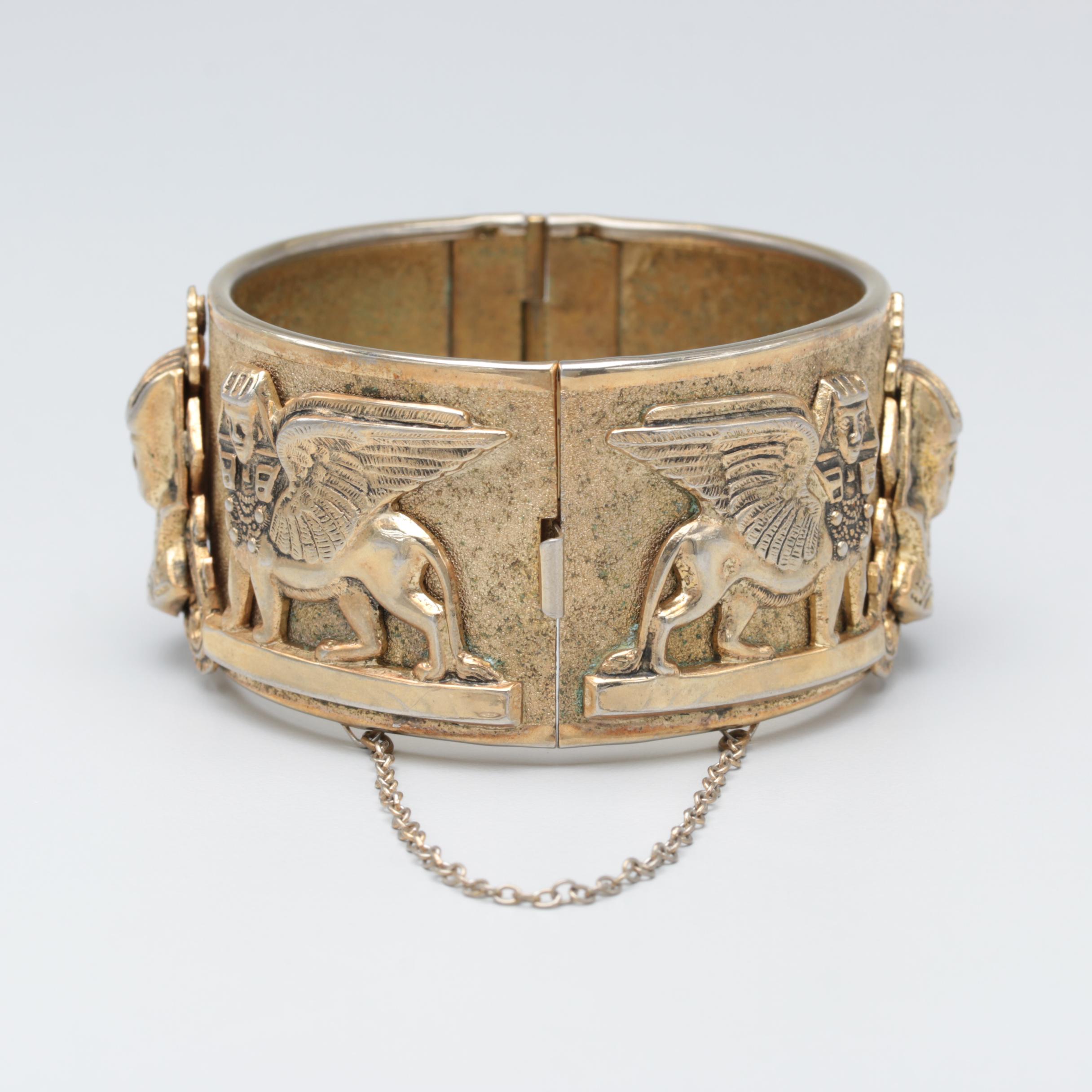 1970s Whiting and Davis Egyptian Revival King Tut and Sphinx Jewelry Set