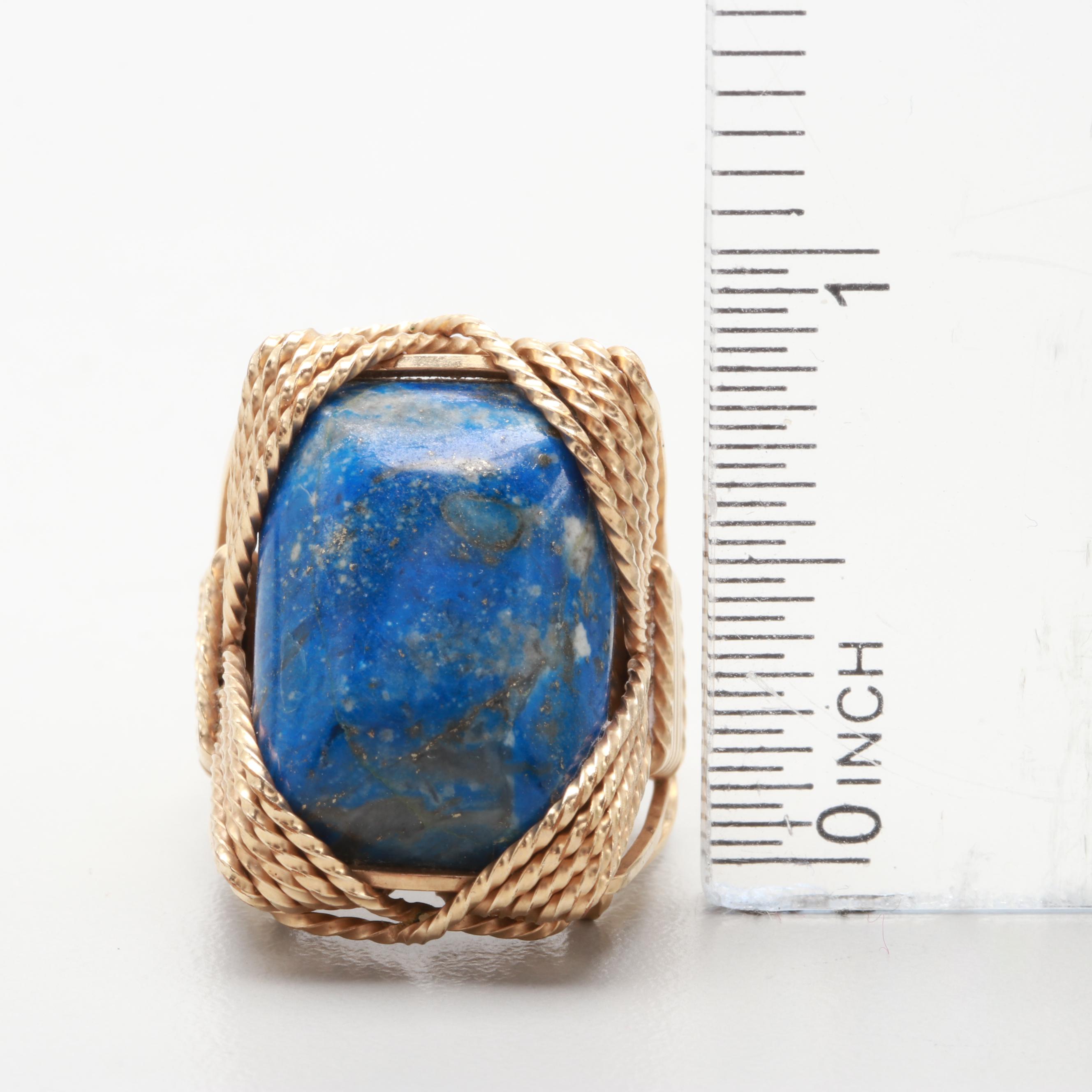 Vintage 14K Gold Wire Wrap Ring Collection Including Lapiz, Tiger's Eye, Pearl