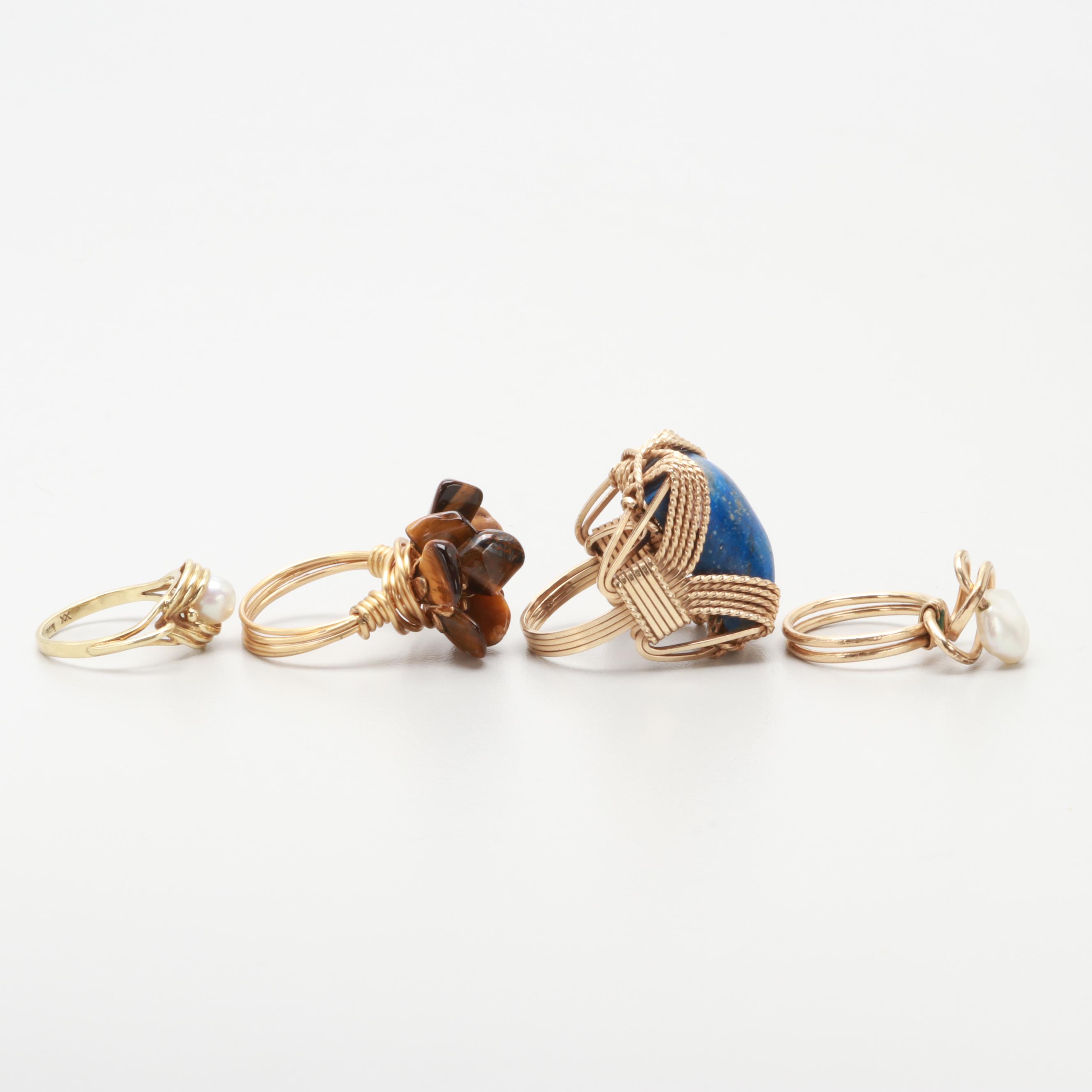 Vintage 14K Gold Wire Wrap Ring Collection Including Lapiz, Tiger's Eye, Pearl