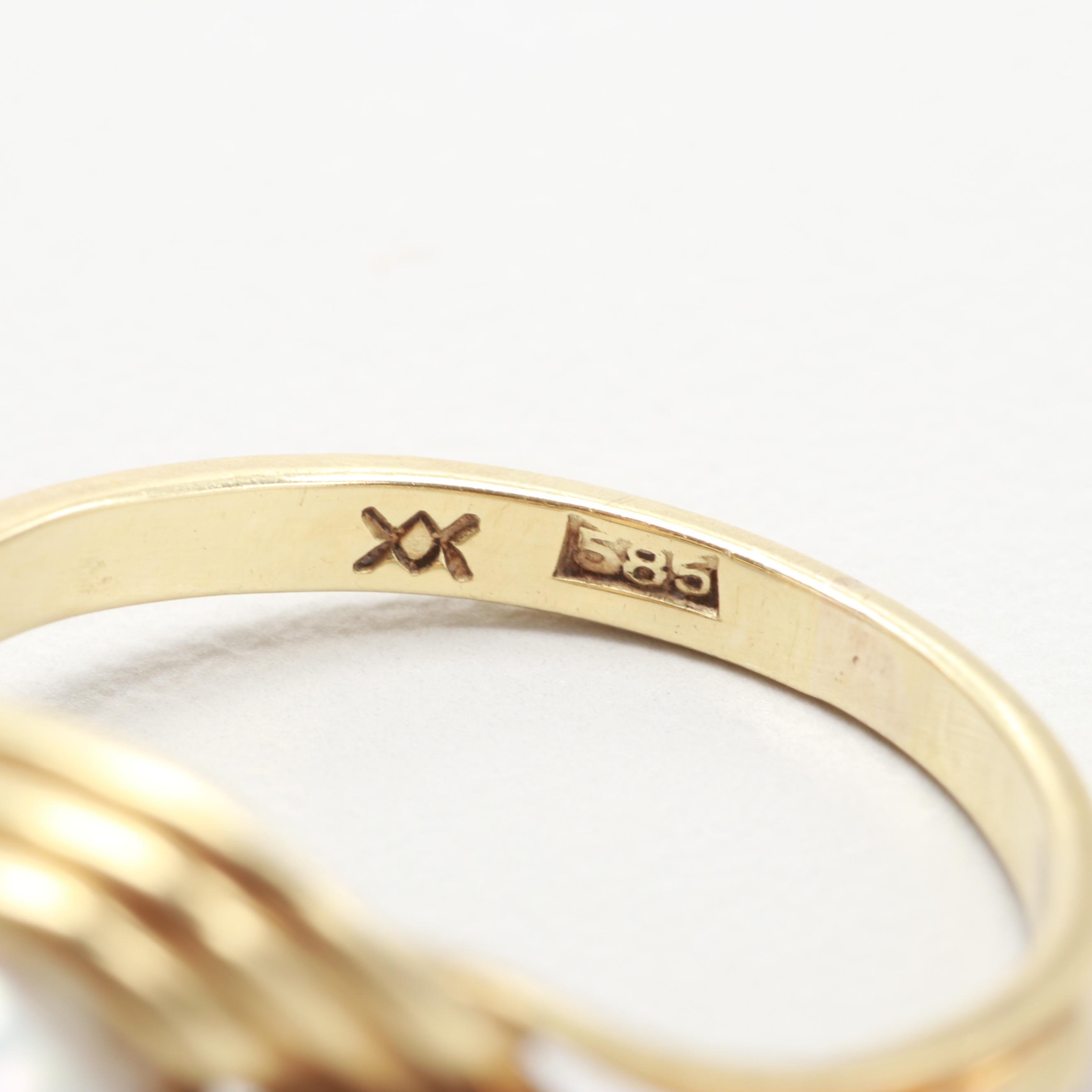 Vintage 14K Gold Wire Wrap Ring Collection Including Lapiz, Tiger's Eye, Pearl