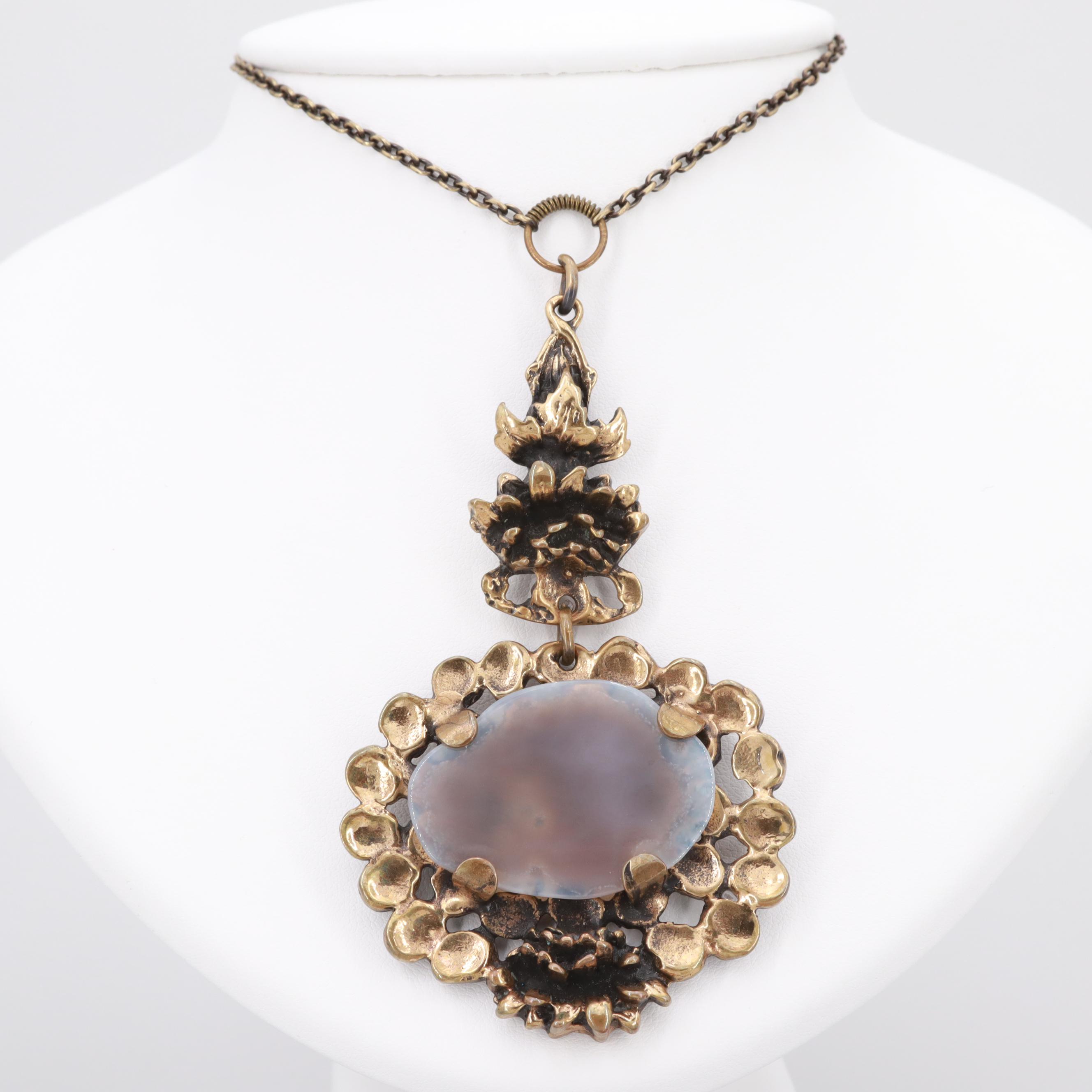 1970s Brutalist S. Sarpaneva Finland Agate Lotus Necklace