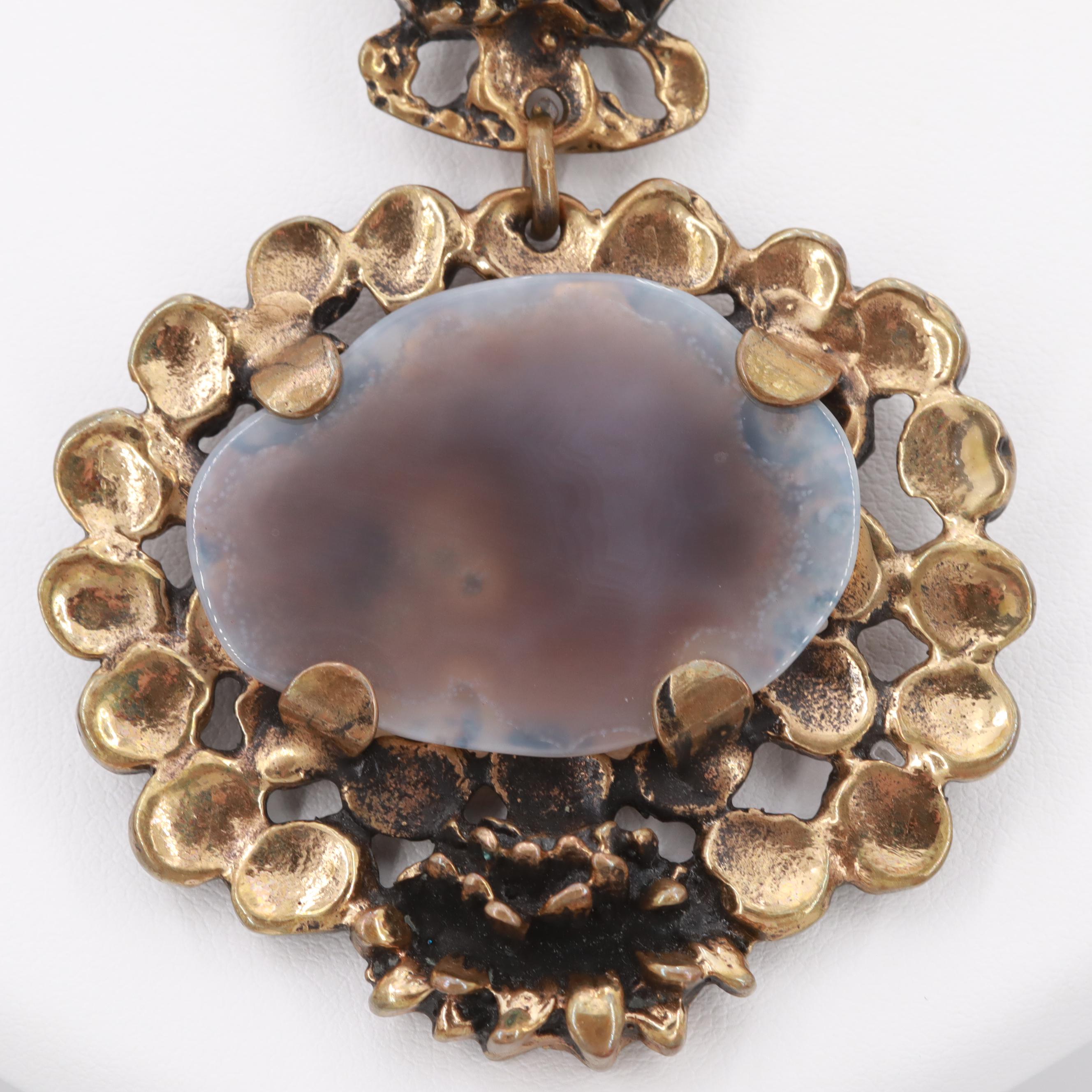 1970s Brutalist S. Sarpaneva Finland Agate Lotus Necklace