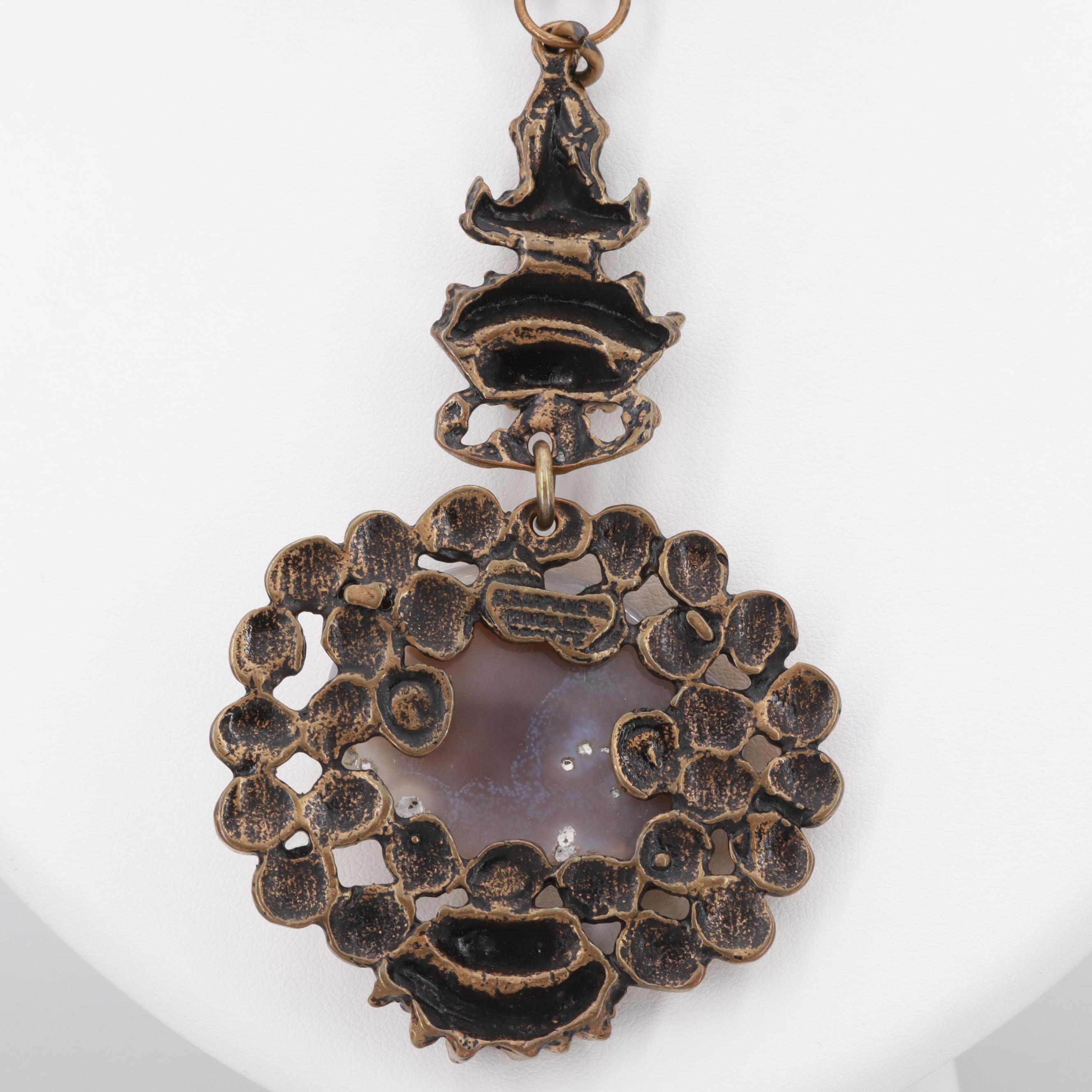 1970s Brutalist S. Sarpaneva Finland Agate Lotus Necklace