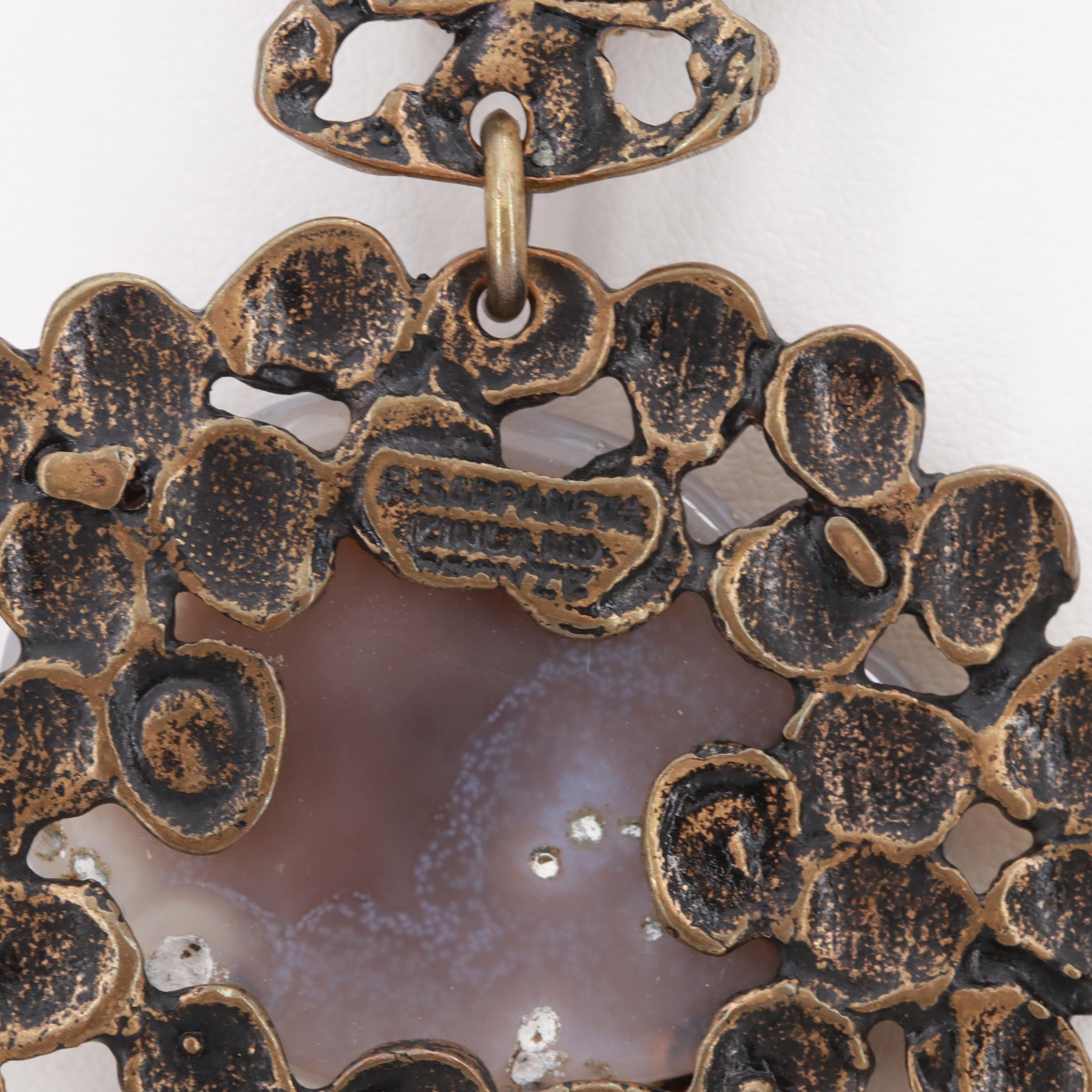 1970s Brutalist S. Sarpaneva Finland Agate Lotus Necklace