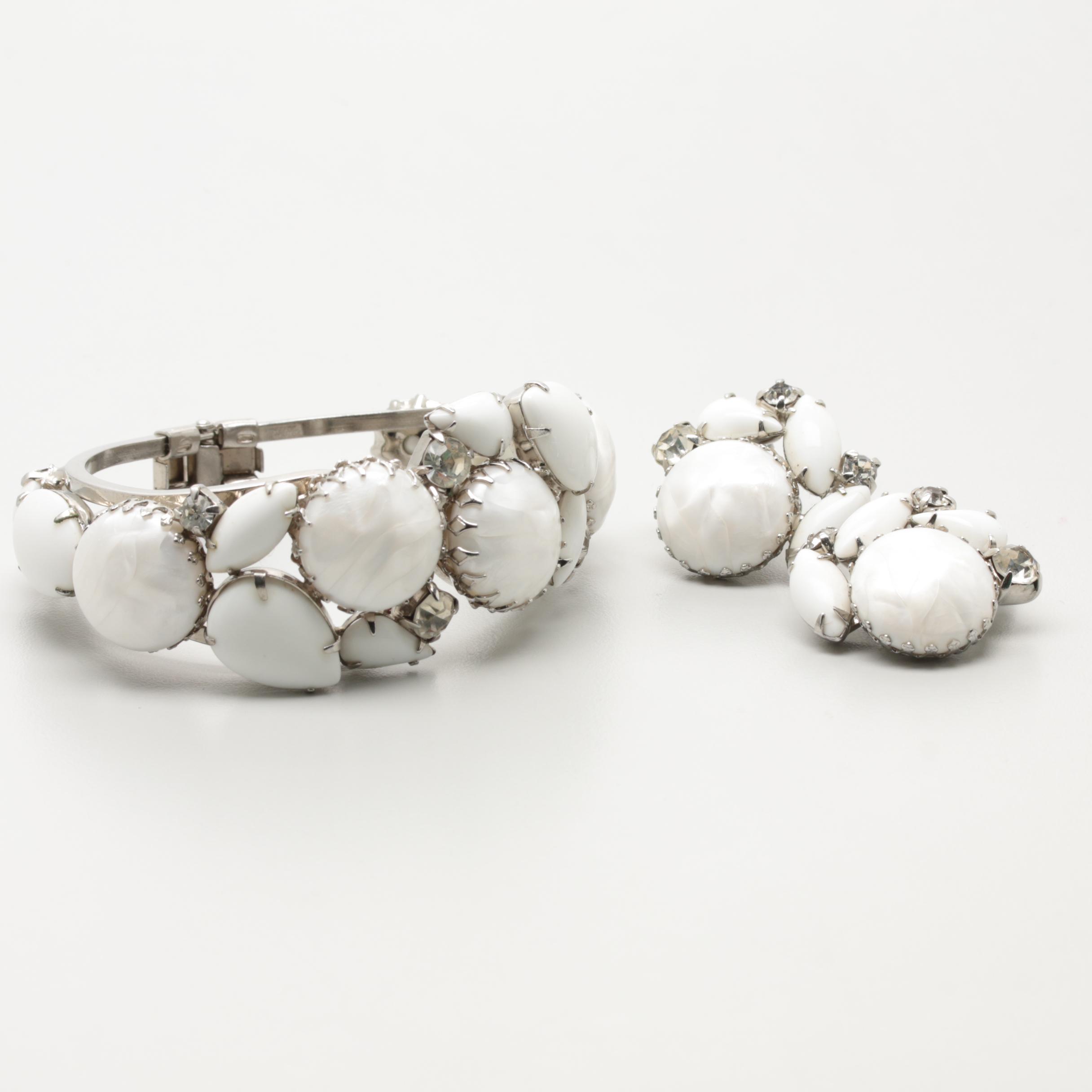 Vintage Juliana Milk Glass Clamper Bracelet with Clip-On Earrings Set