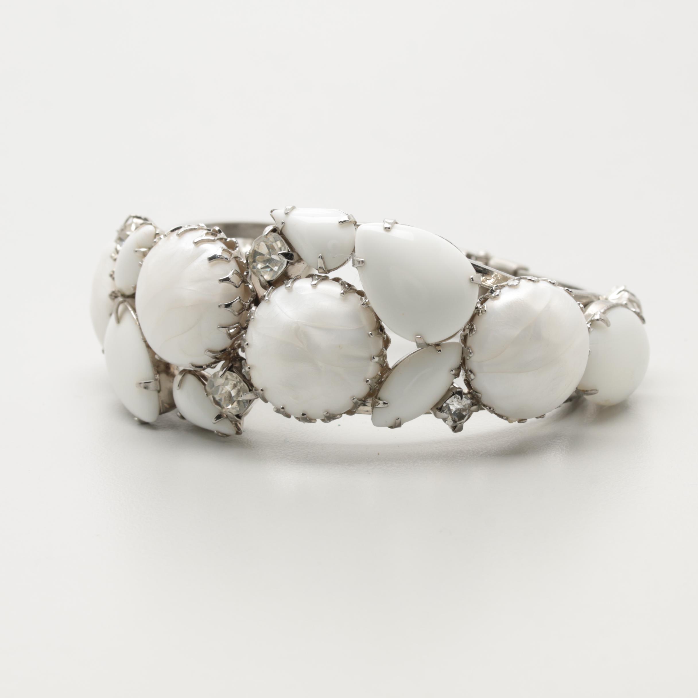 Vintage Juliana Milk Glass Clamper Bracelet with Clip-On Earrings Set