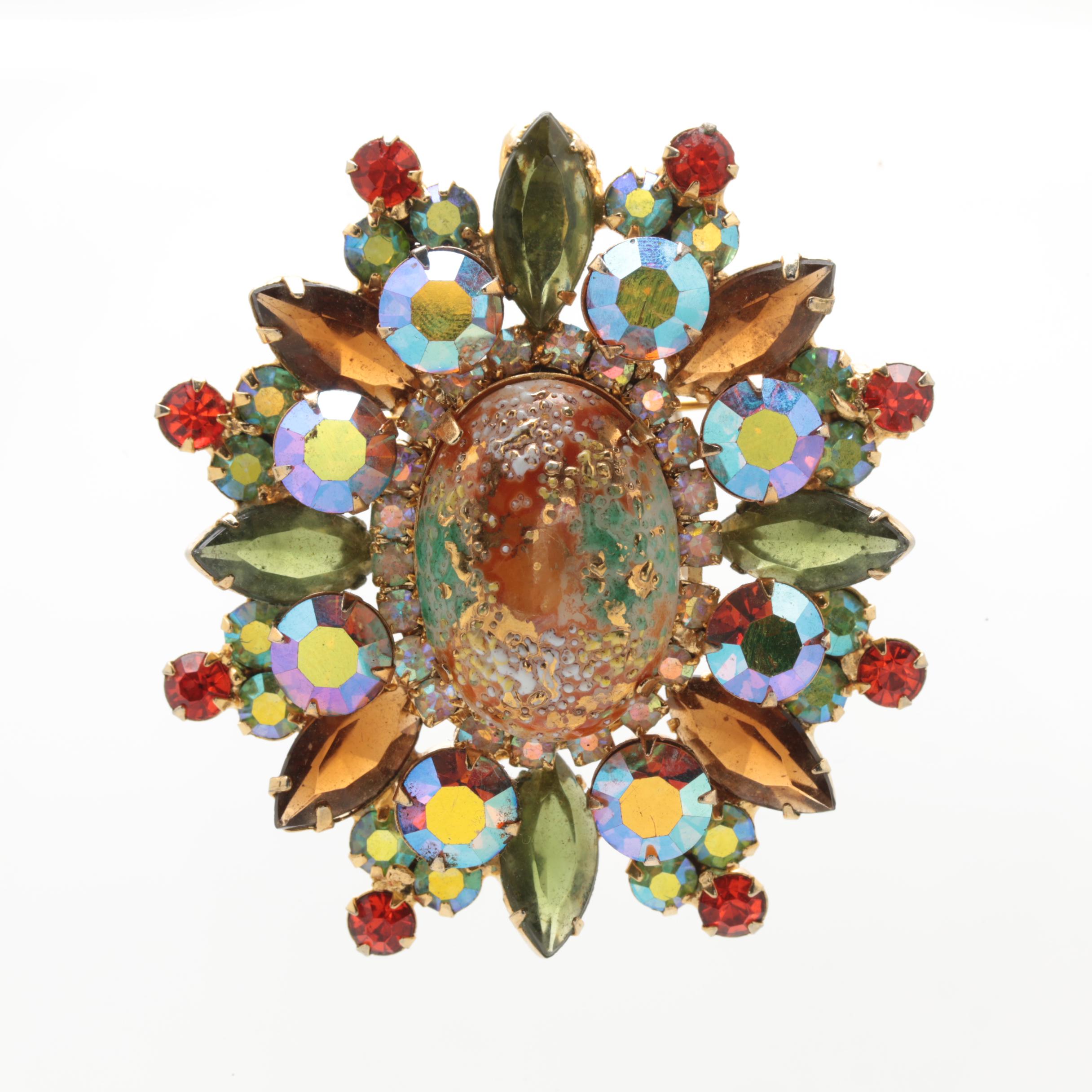 Large Vintage Speckled Aurora Borealis Rhinestone Brooch
