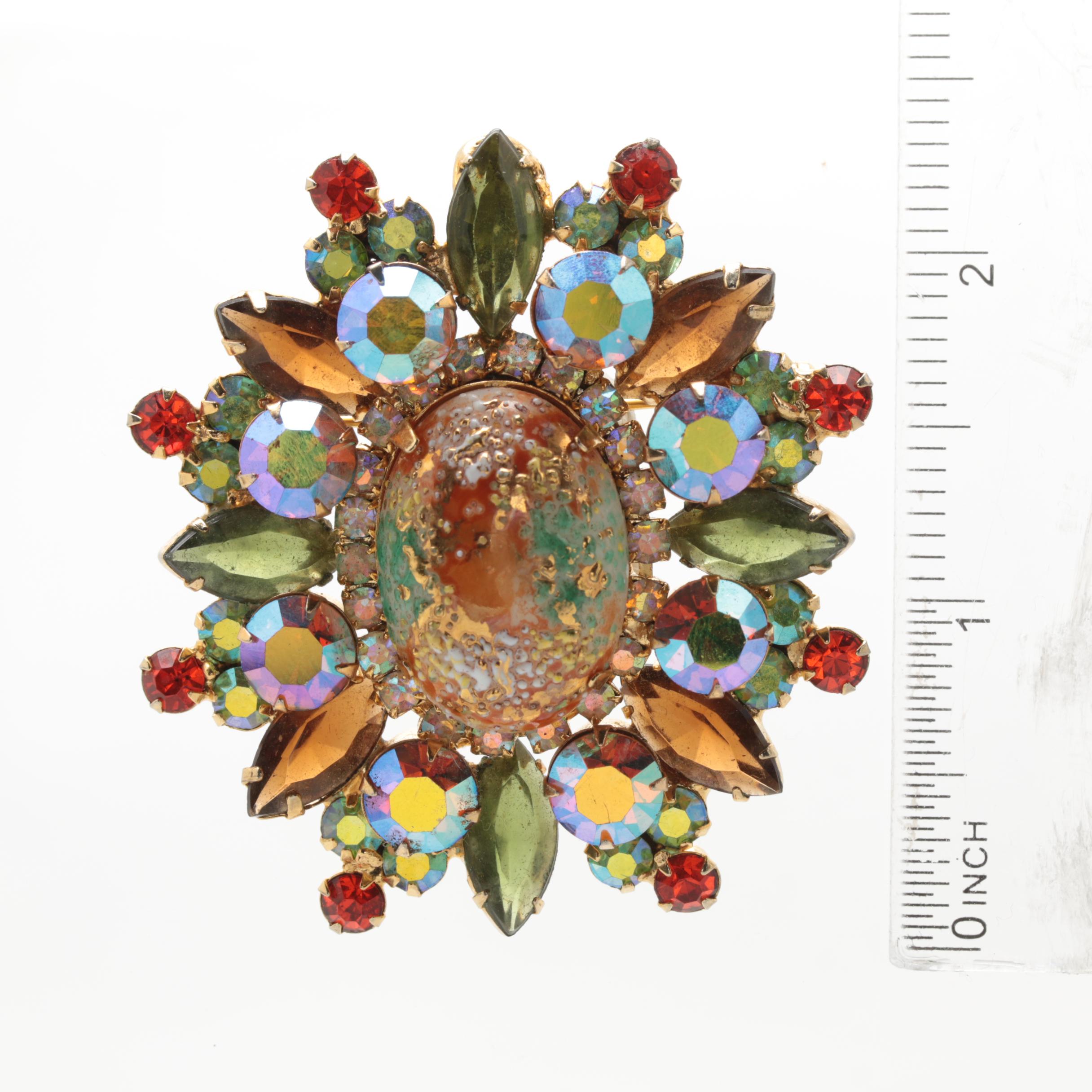 Large Vintage Speckled Aurora Borealis Rhinestone Brooch