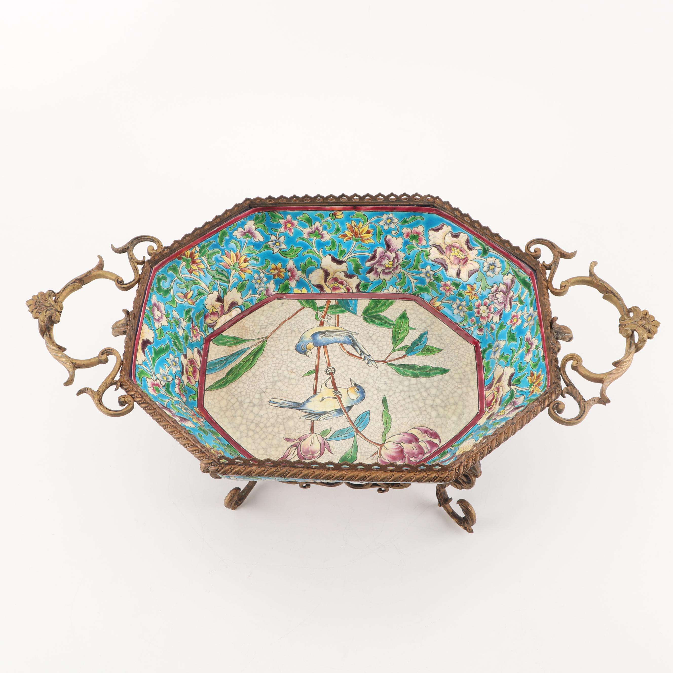 Longwy Brass Mounted Émail Cloisonné Centerpiece, Late 19th Century