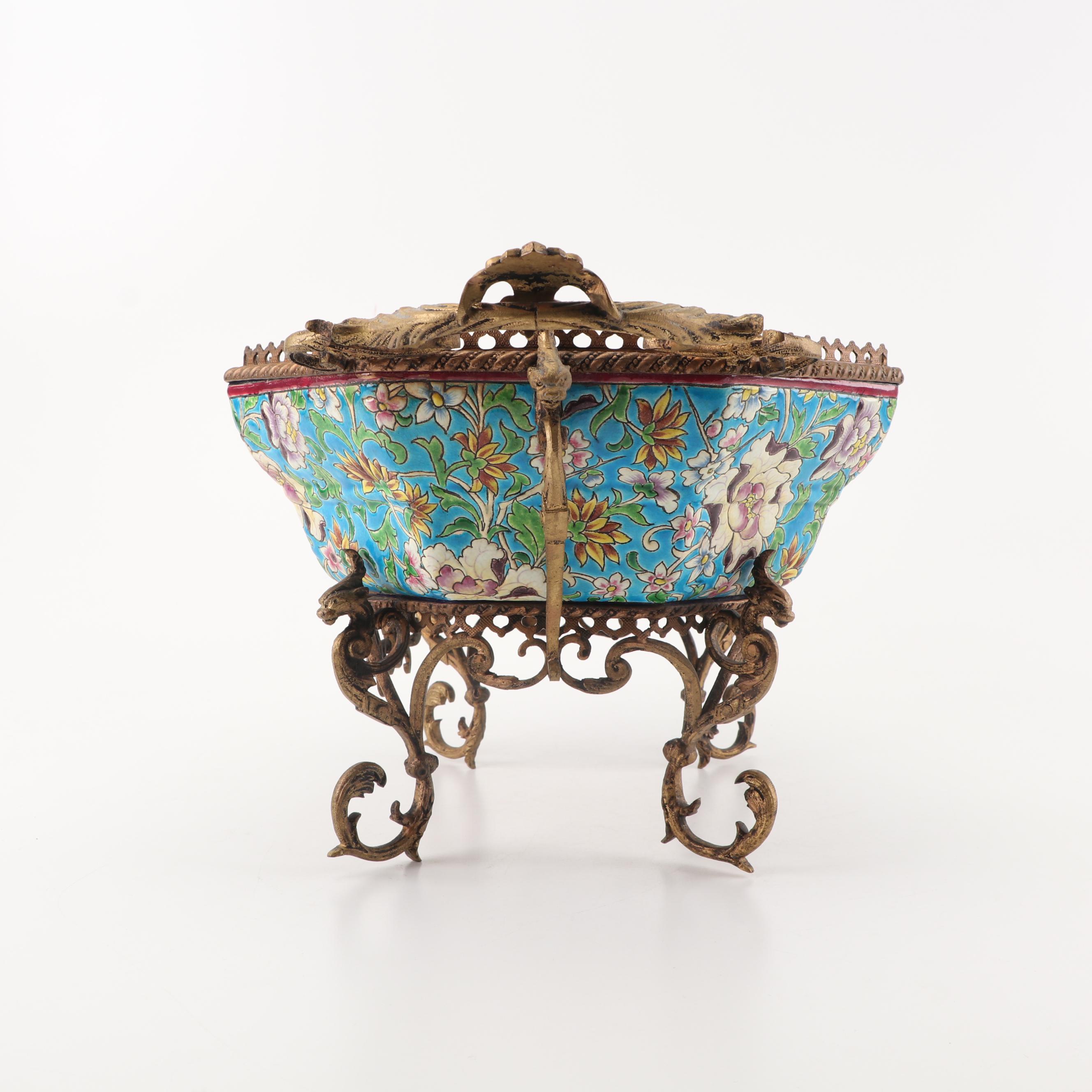 Longwy Brass Mounted Émail Cloisonné Centerpiece, Late 19th Century