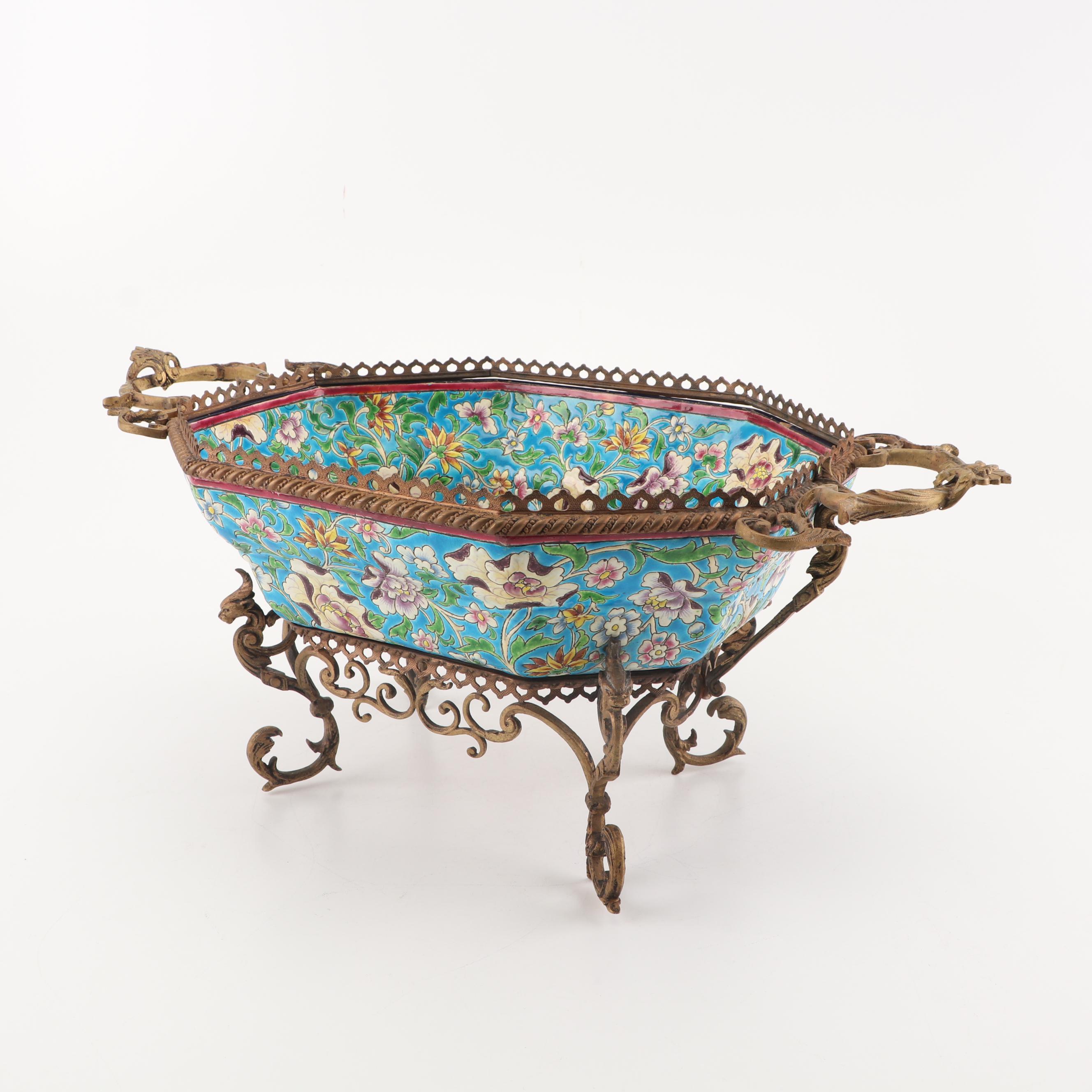 Longwy Brass Mounted Émail Cloisonné Centerpiece, Late 19th Century