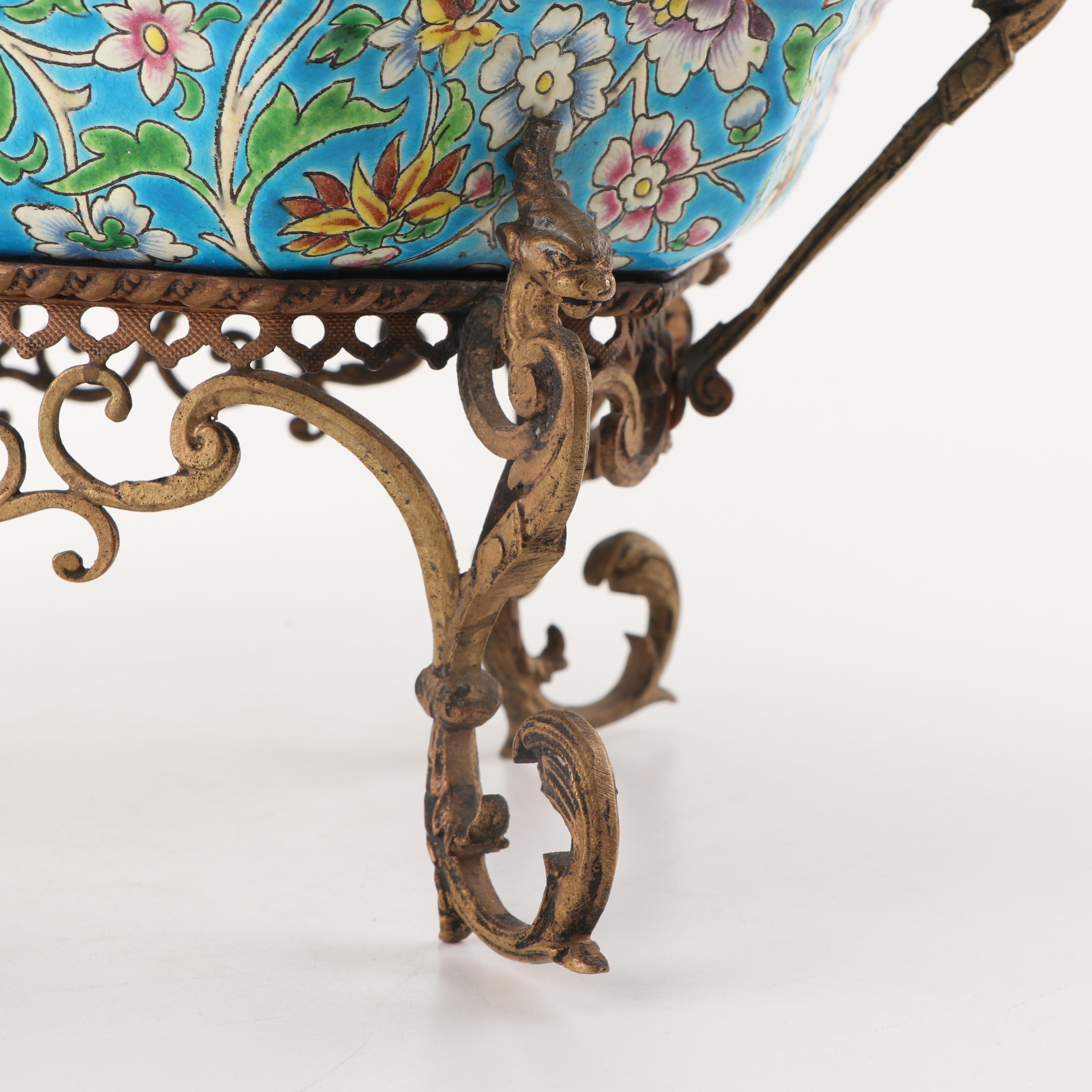 Longwy Brass Mounted Émail Cloisonné Centerpiece, Late 19th Century