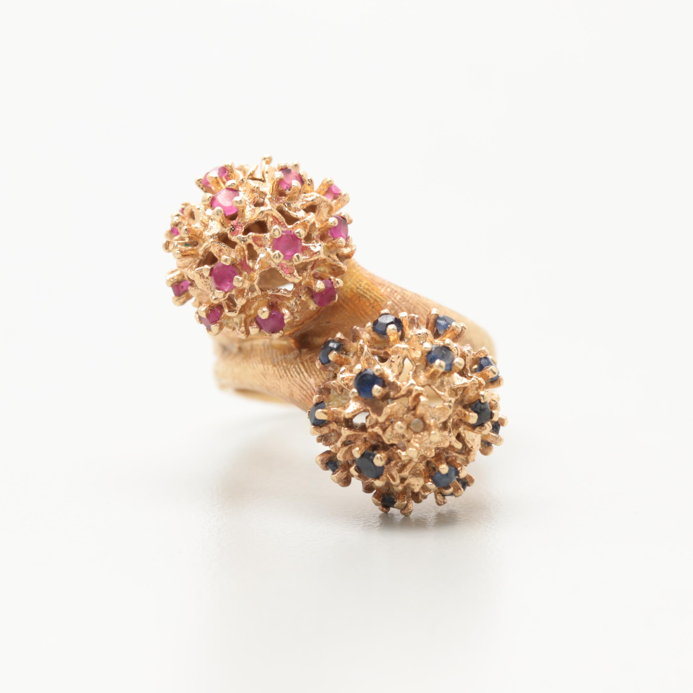 Vintage 14K Yellow Gold Ruby and Blue Sapphire Brutalist Cocktail Ring