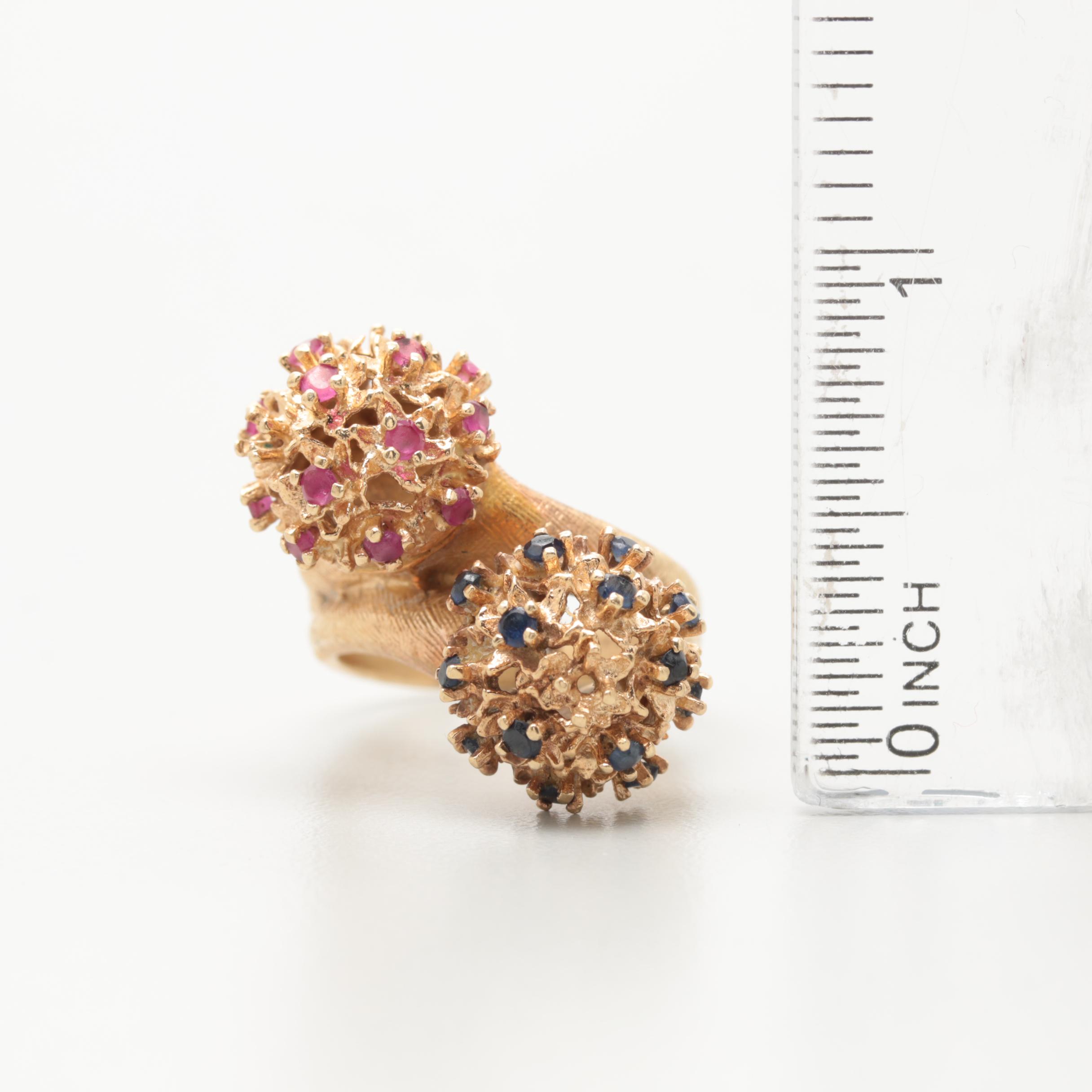Vintage 14K Yellow Gold Ruby and Blue Sapphire Brutalist Cocktail Ring