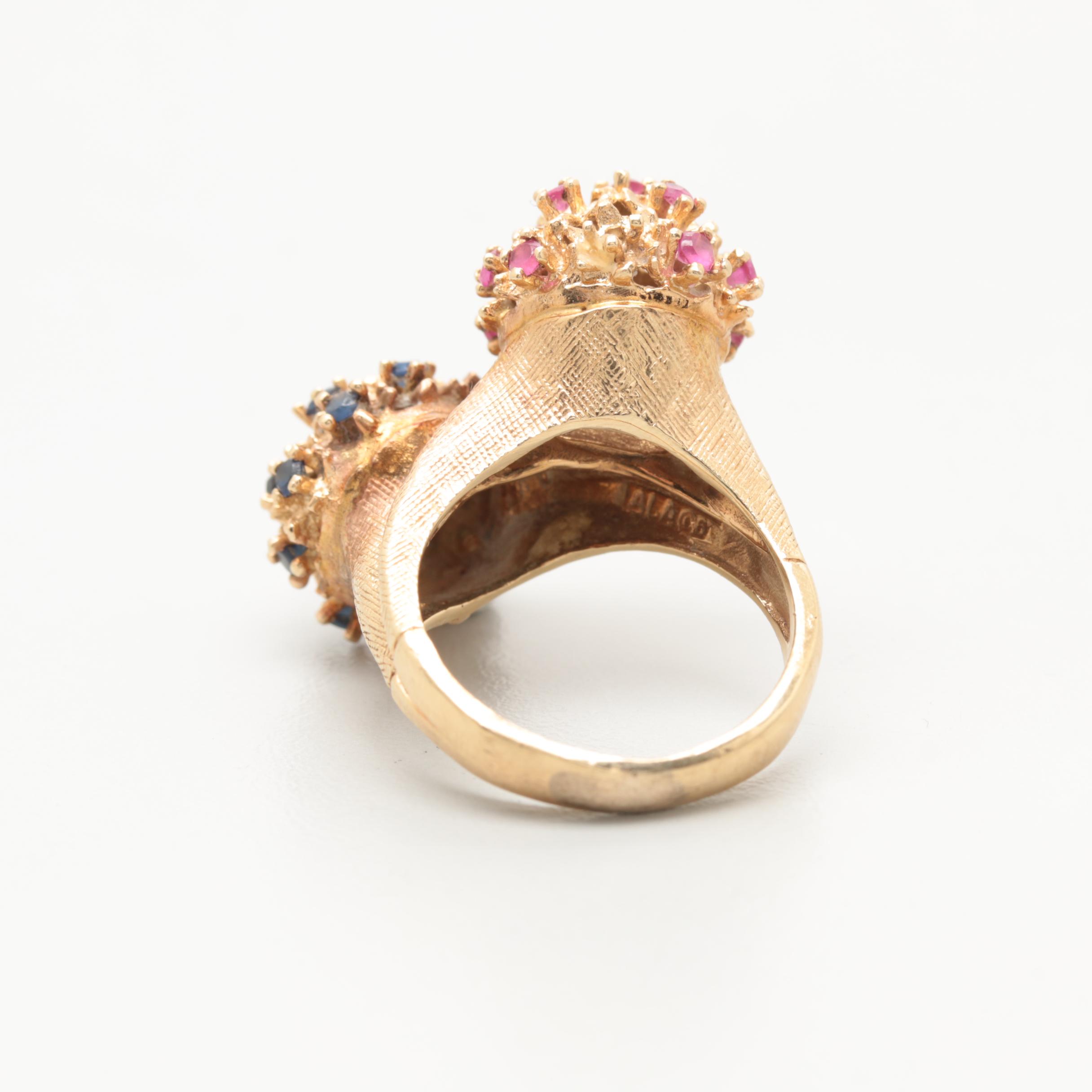 Vintage 14K Yellow Gold Ruby and Blue Sapphire Brutalist Cocktail Ring