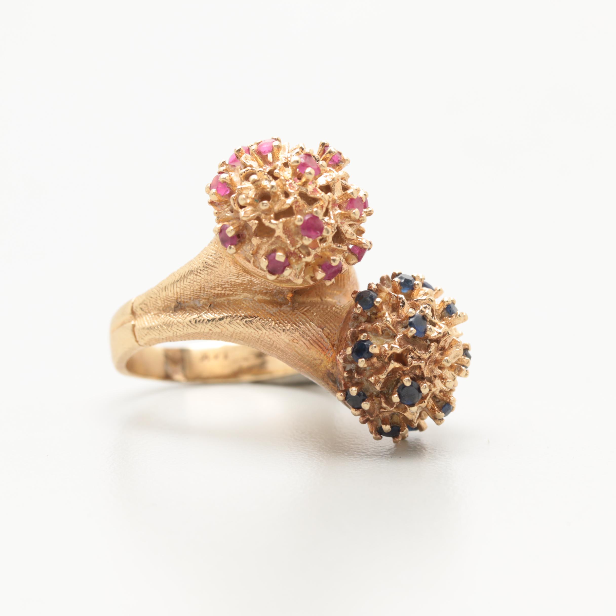 Vintage 14K Yellow Gold Ruby and Blue Sapphire Brutalist Cocktail Ring
