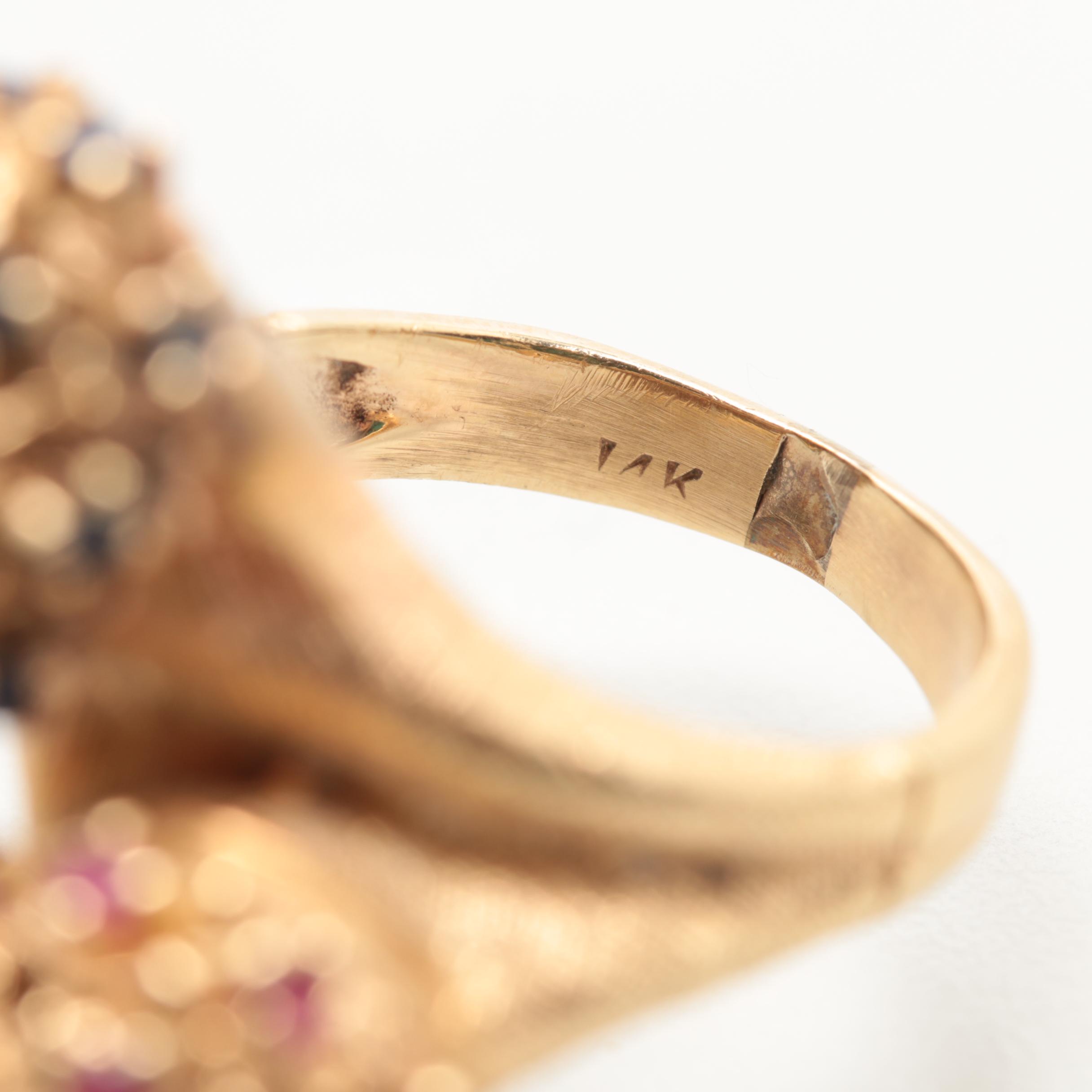 Vintage 14K Yellow Gold Ruby and Blue Sapphire Brutalist Cocktail Ring