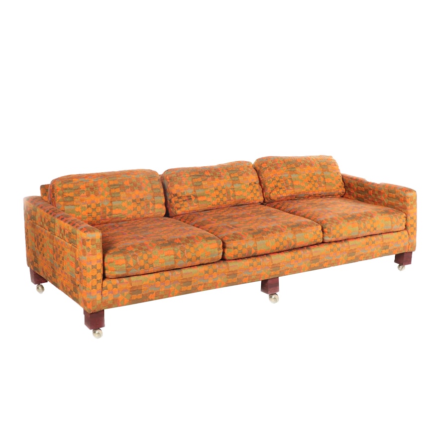 Mid Century Modern Brocade Upholstered Sofa on Casters, Mid-20th Century