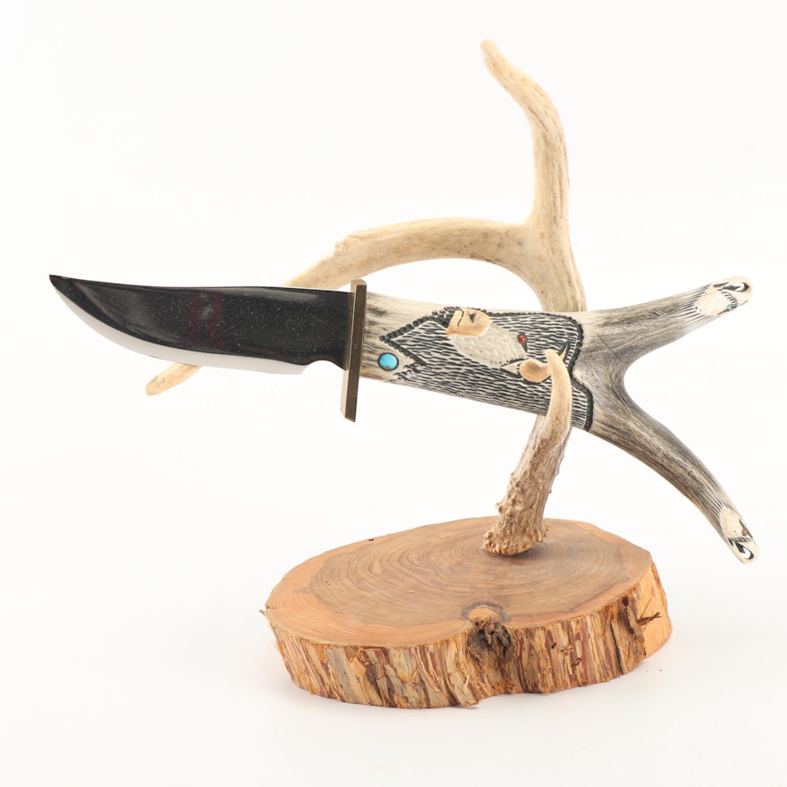 Ted Miller Carved Stag Handle Hunting Knife with Stone Inlay and Antler Stand