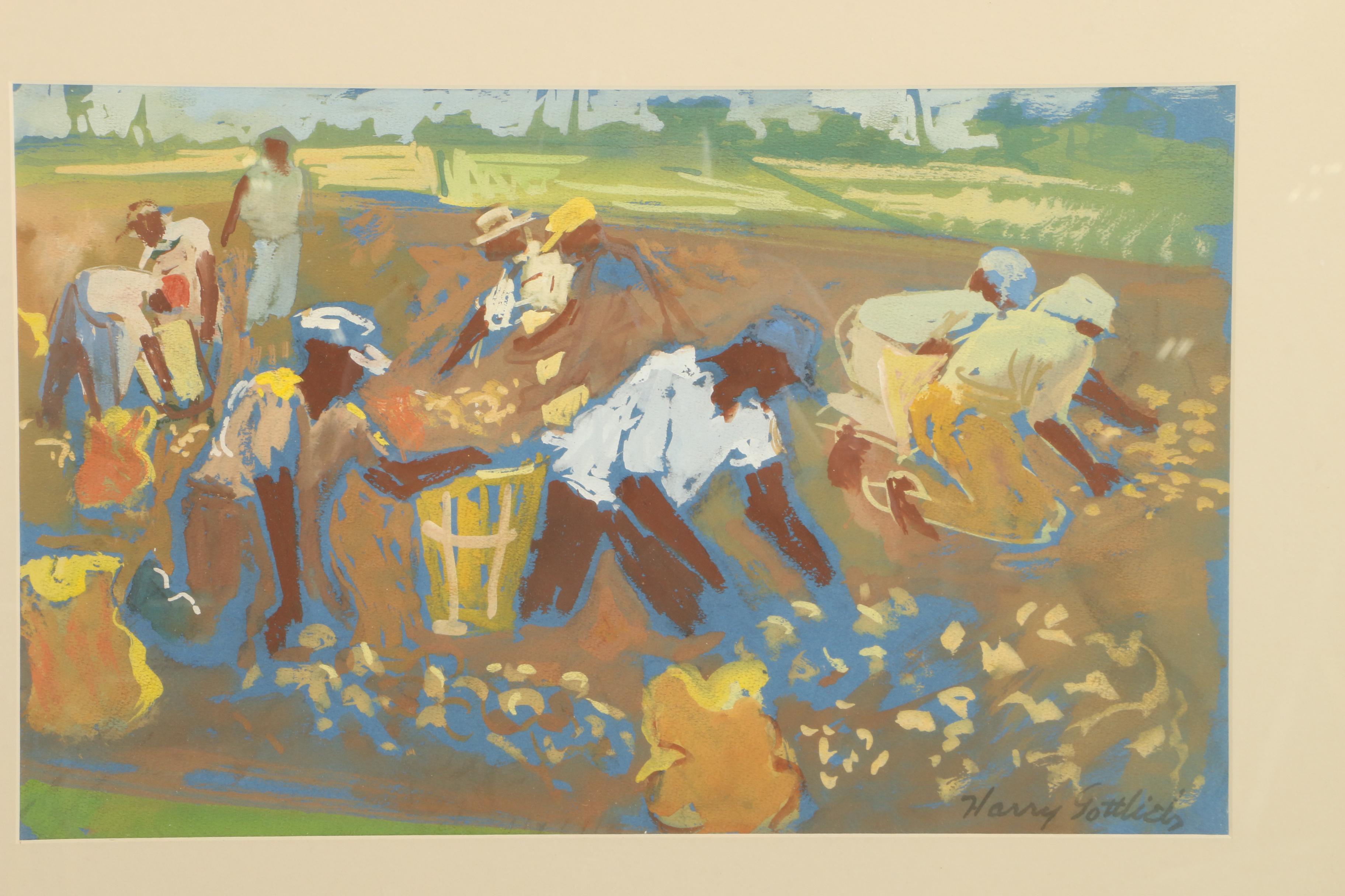 Harry Gottlieb Gouache and Watercolor Painting of Harvesters