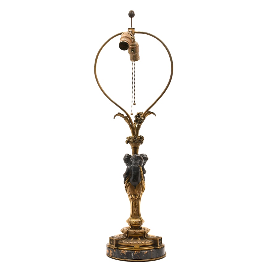 French Bronze Figural Lamp on Marble Base, circa 1920