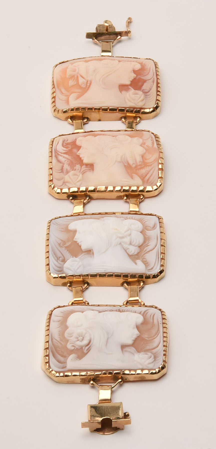 14K Yellow Gold Carved Helmet Shell Cameo Panel Station Bracelet