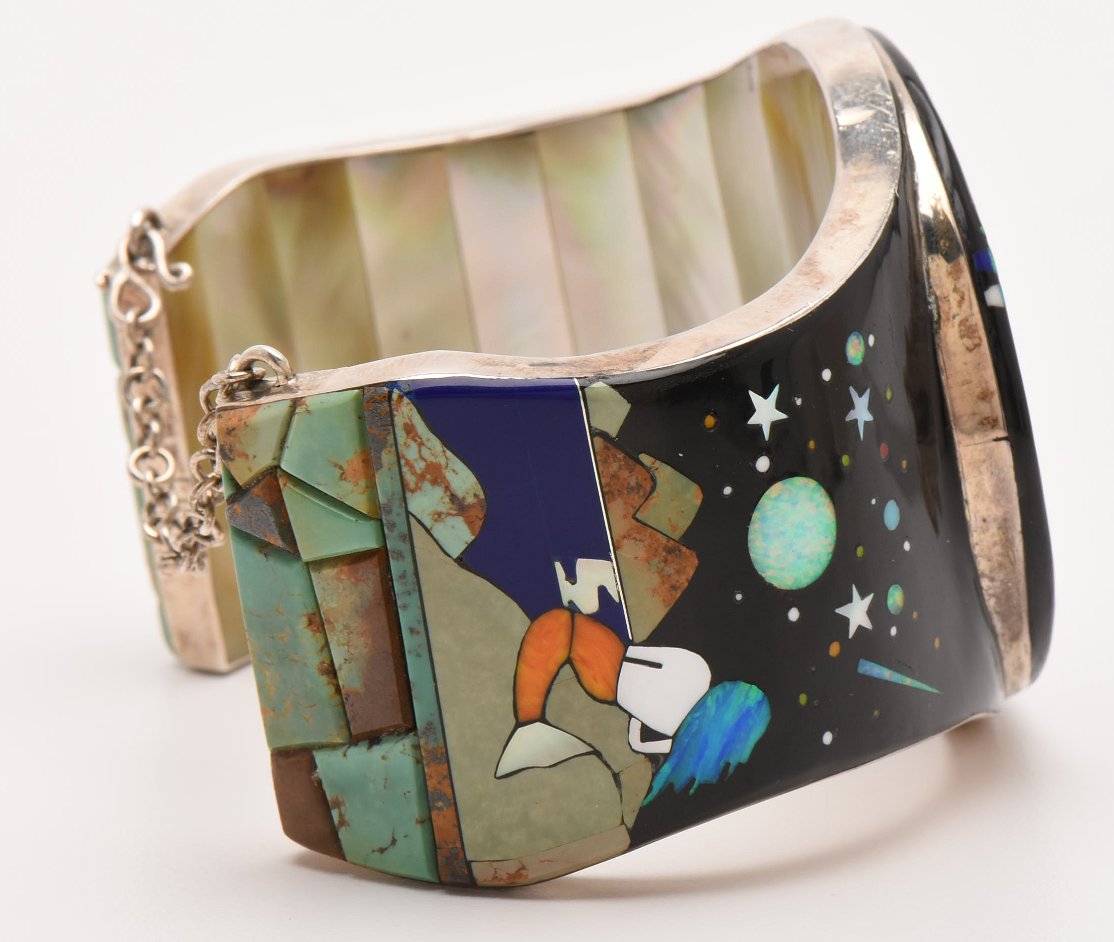 Rosa Jack Navajo Diné Sterling Silver Mother of Pearl, Abalone and Opal Bracelet