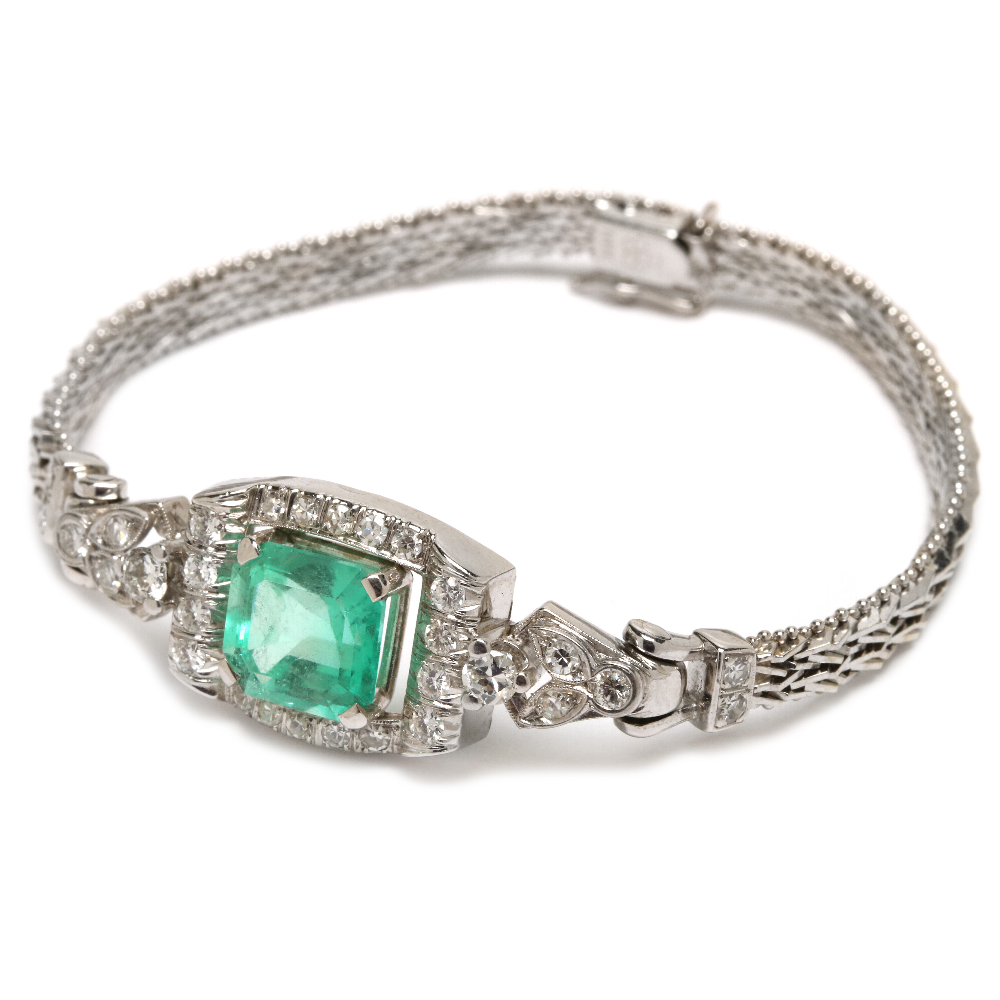 14K White Gold 3.53 CT Emerald and Diamond Converted Watch Band Bracelet