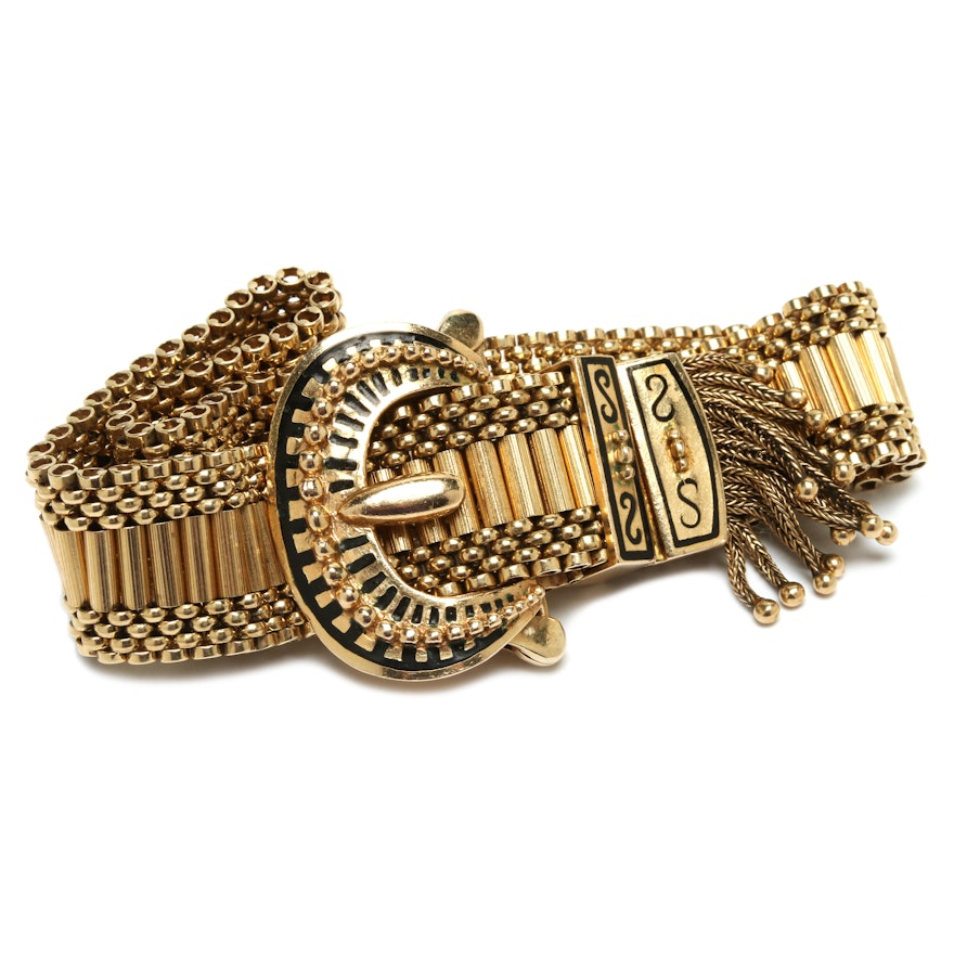 Circa 1940s Victorian Revival 14K Yellow Gold Enamel Slide Bracelet