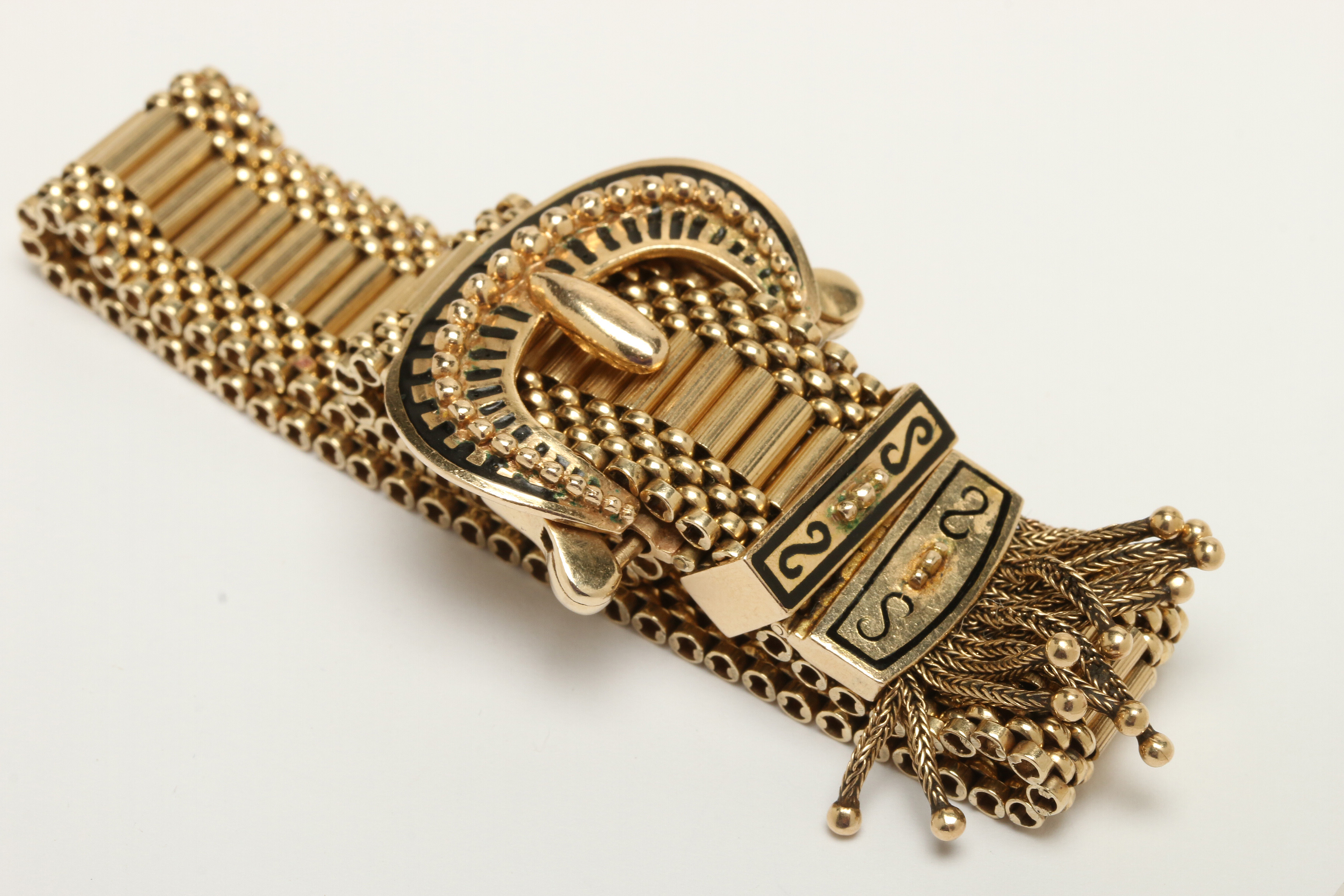 Circa 1940s Victorian Revival 14K Yellow Gold Enamel Slide Bracelet