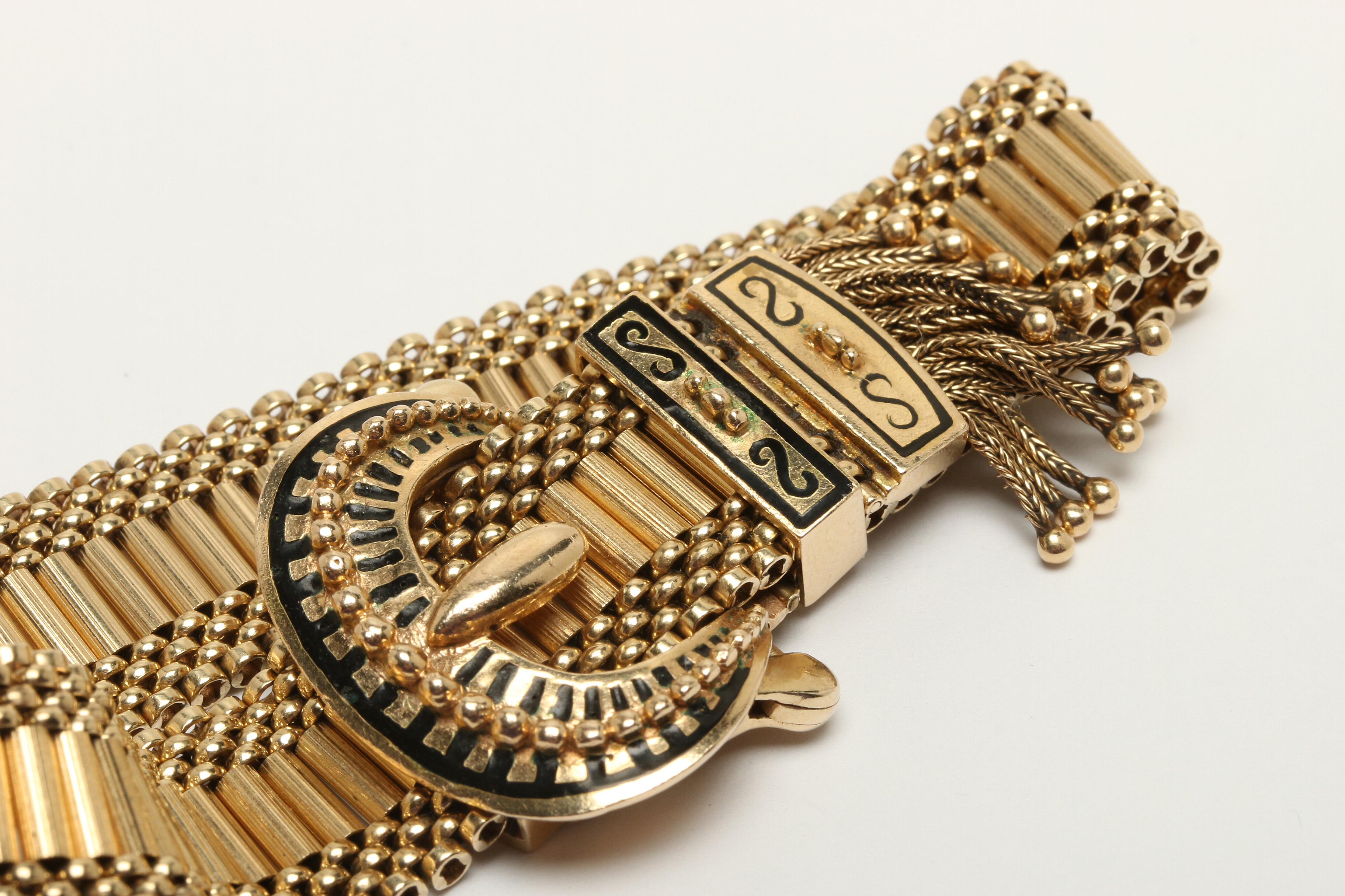 Circa 1940s Victorian Revival 14K Yellow Gold Enamel Slide Bracelet