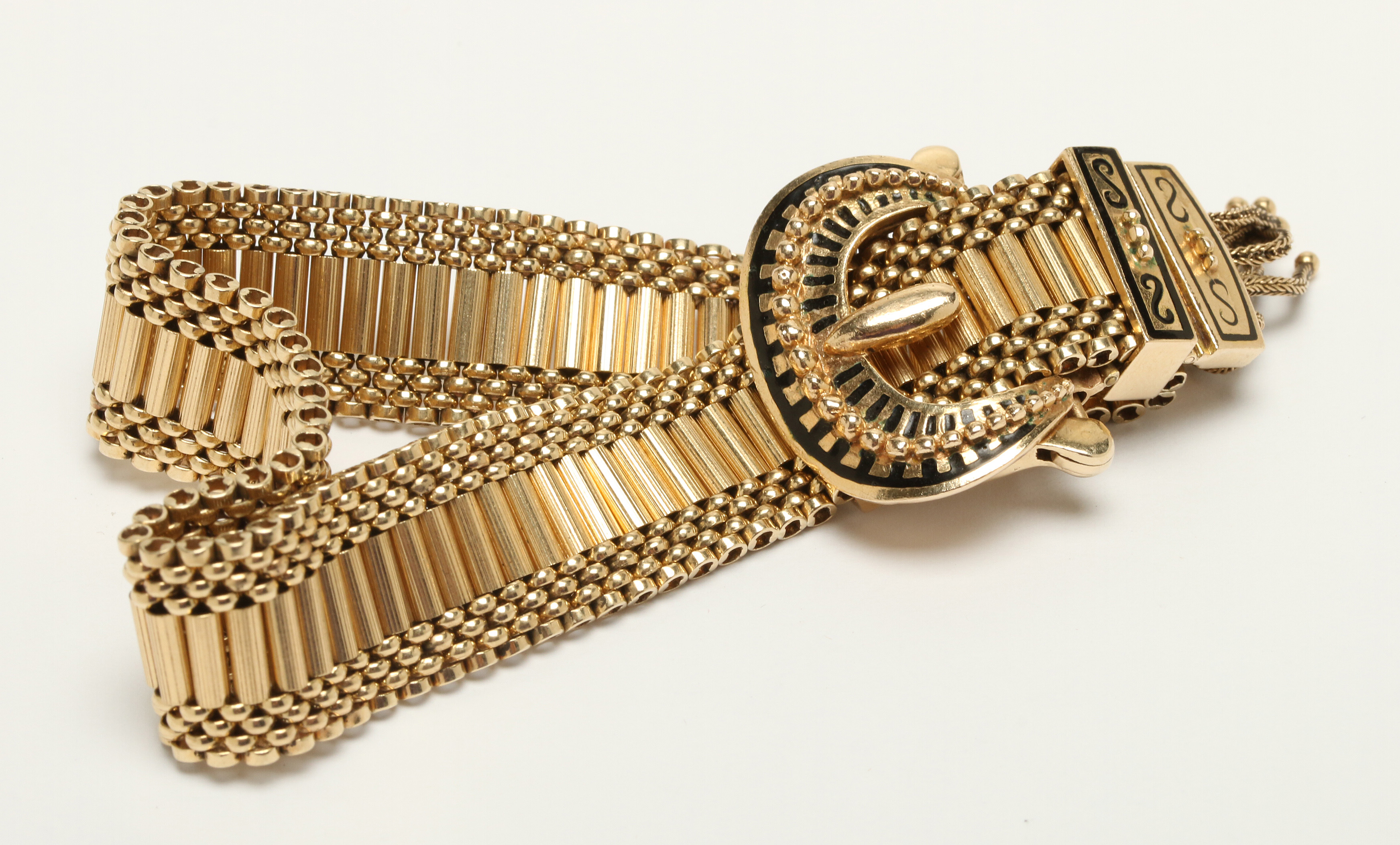 Circa 1940s Victorian Revival 14K Yellow Gold Enamel Slide Bracelet