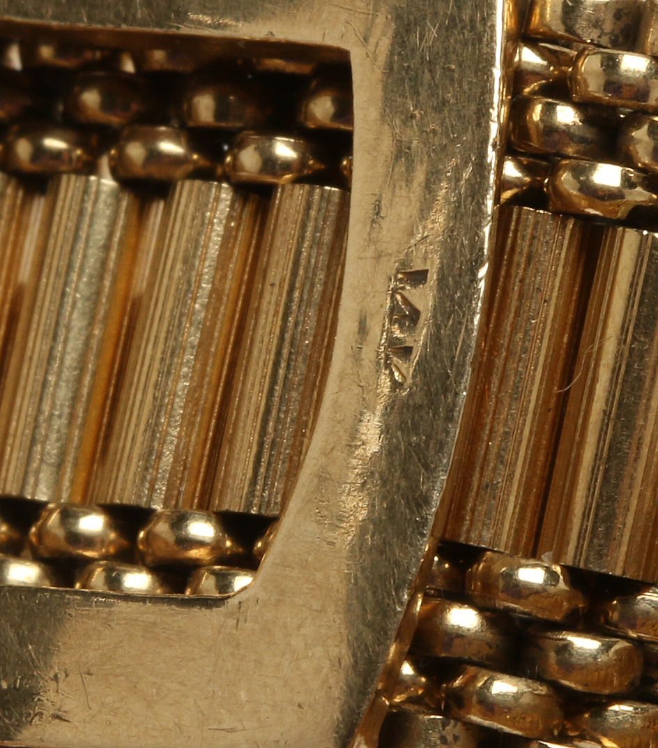 Circa 1940s Victorian Revival 14K Yellow Gold Enamel Slide Bracelet